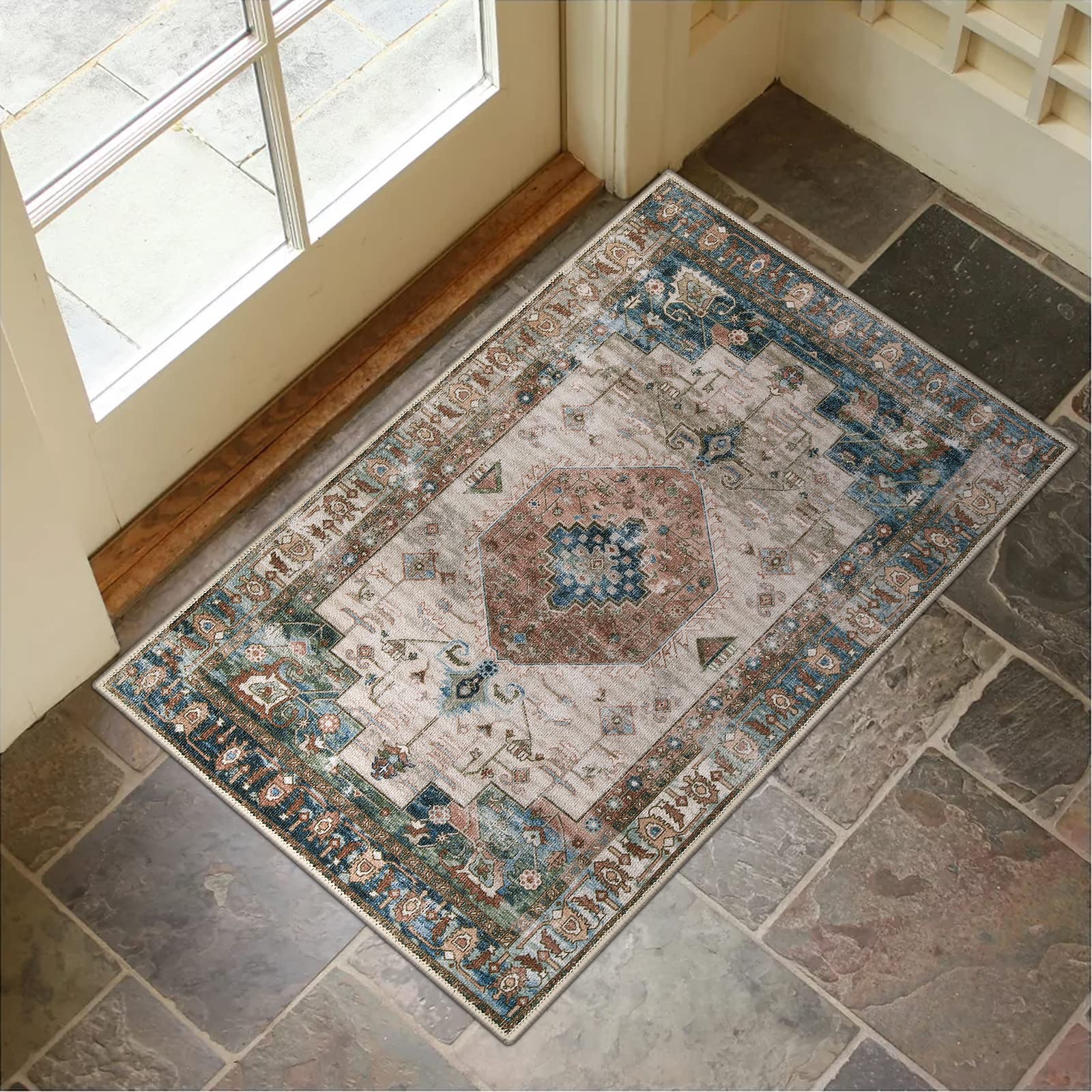 Lahomedecor Washable Indoor Doormat, Non Slip Retro Floor Mat 20" x 32" Area Rug Quick Absorbent Entrance Rug Distressed Front Door Mat, Welcome Mats Entryway Rug Doormats for Kitchen Home Patio Lahomedecor Lahome 24" x 36" 1ivory/Blue Rust