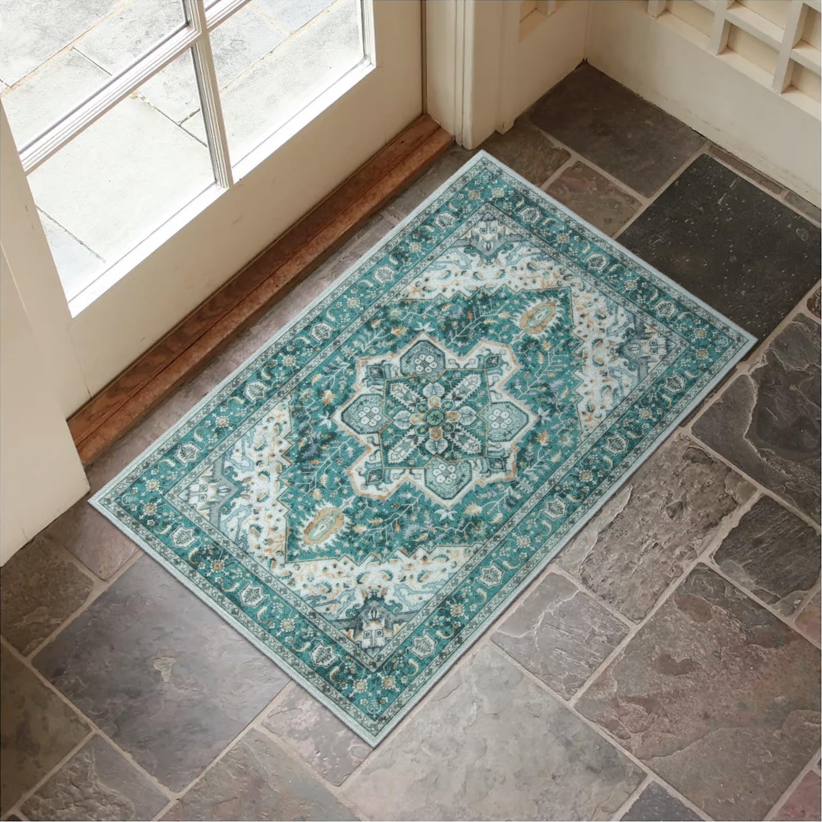 Lahomedecor Washable Indoor Doormat, Non Slip Retro Floor Mat 20" x 32" Area Rug Quick Absorbent Entrance Rug Distressed Front Door Mat, Welcome Mats Entryway Rug Doormats for Kitchen Home Patio Lahomedecor Lahome 20" x 32" Sage Green