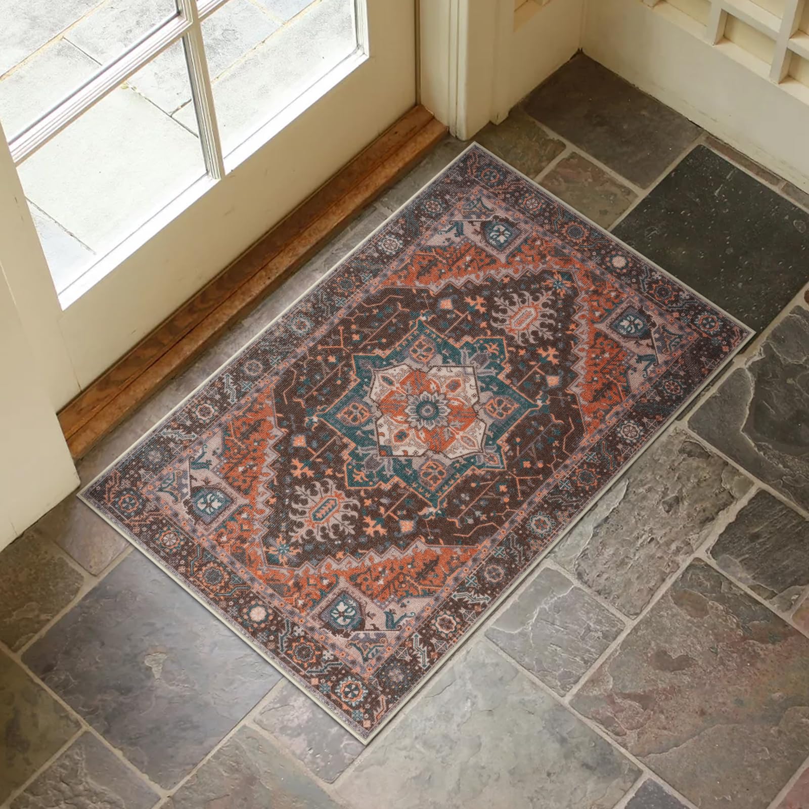 Lahomedecor Washable Indoor Doormat, Non Slip Retro Floor Mat 20" x 32" Area Rug Quick Absorbent Entrance Rug Distressed Front Door Mat, Welcome Mats Entryway Rug Doormats for Kitchen Home Patio Lahomedecor Lahome 20" x 32" Brick Red