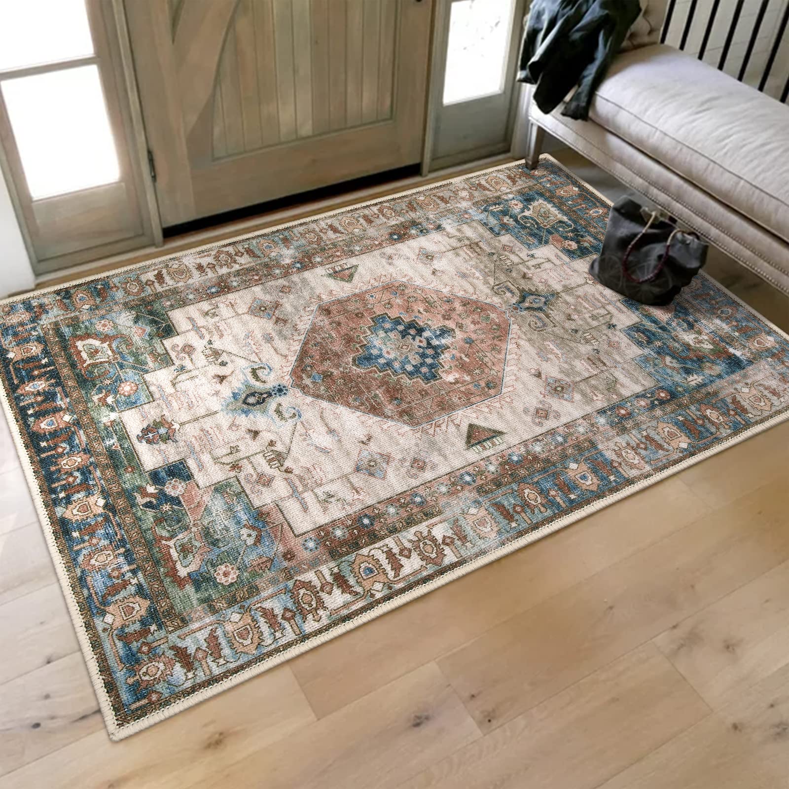 Lahomedecor Washable Indoor Doormat, Non Slip Retro Floor Mat 20" x 32" Area Rug Quick Absorbent Entrance Rug Distressed Front Door Mat, Welcome Mats Entryway Rug Doormats for Kitchen Home Patio Lahomedecor Lahome 36" x 60" 1ivory/Blue Rust