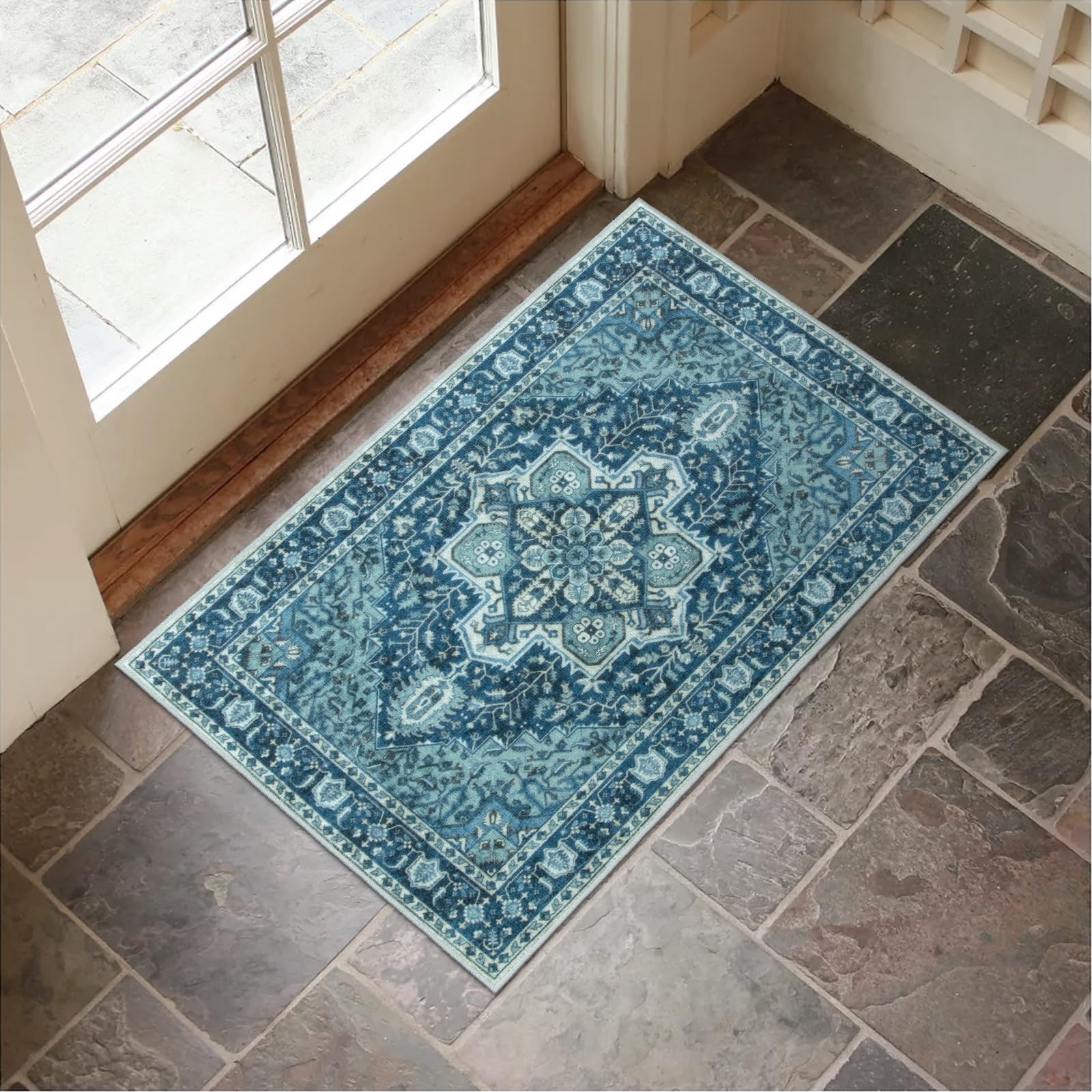 Lahomedecor Washable Indoor Doormat, Non Slip Retro Floor Mat 20" x 32" Area Rug Quick Absorbent Entrance Rug Distressed Front Door Mat, Welcome Mats Entryway Rug Doormats for Kitchen Home Patio Lahomedecor Lahome 20" x 32" Midnight Blue