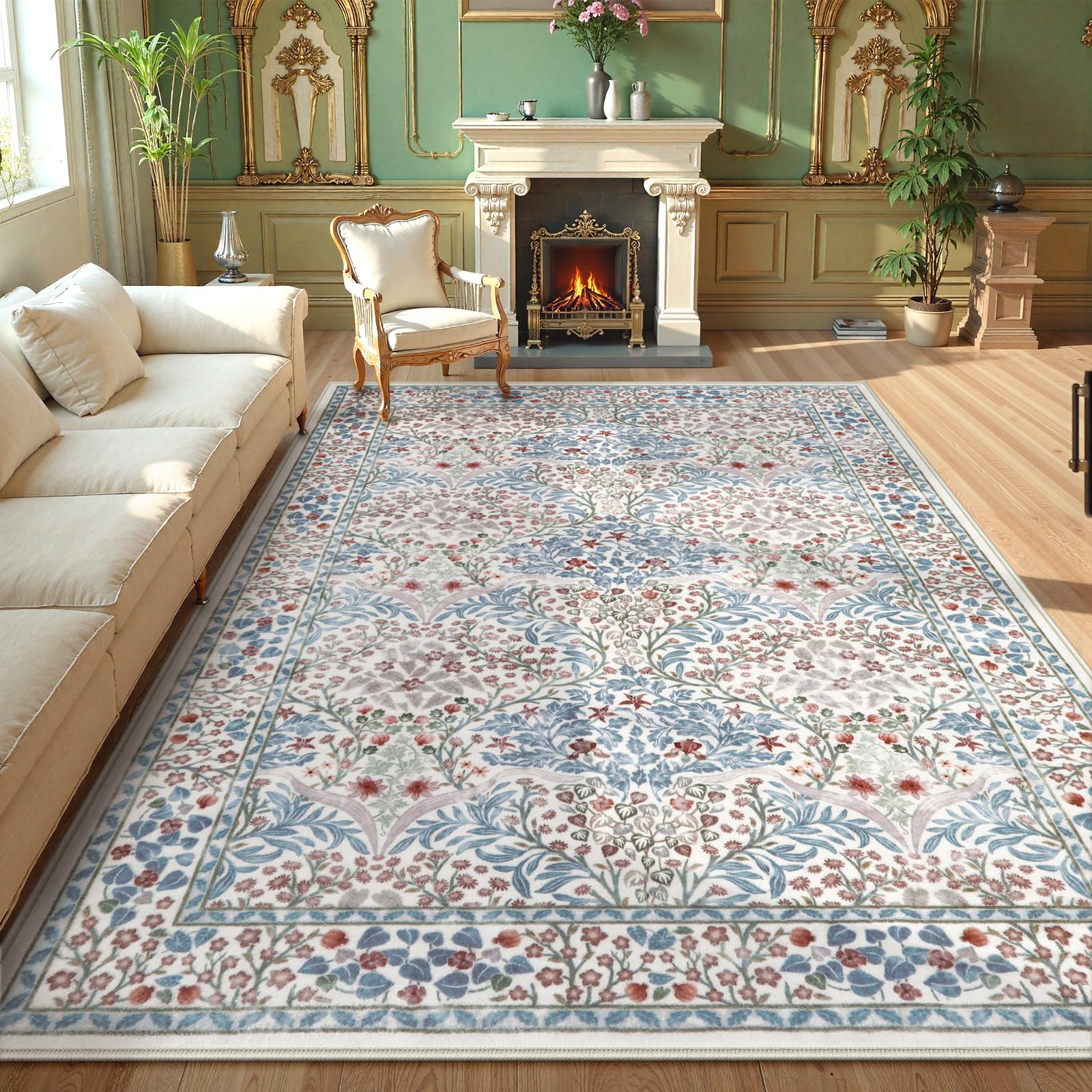 Lahomedecor Floral Area Rugs 5x7, Soft Washable Rugs for Living Room Bedroom, Boho Non Slip Low Pile Forest Design Large Throw Carpet for Farmhouse Dining Room Office, Black, Area rugs Lahomedecor Lahome 8'x10' Beige/Blue