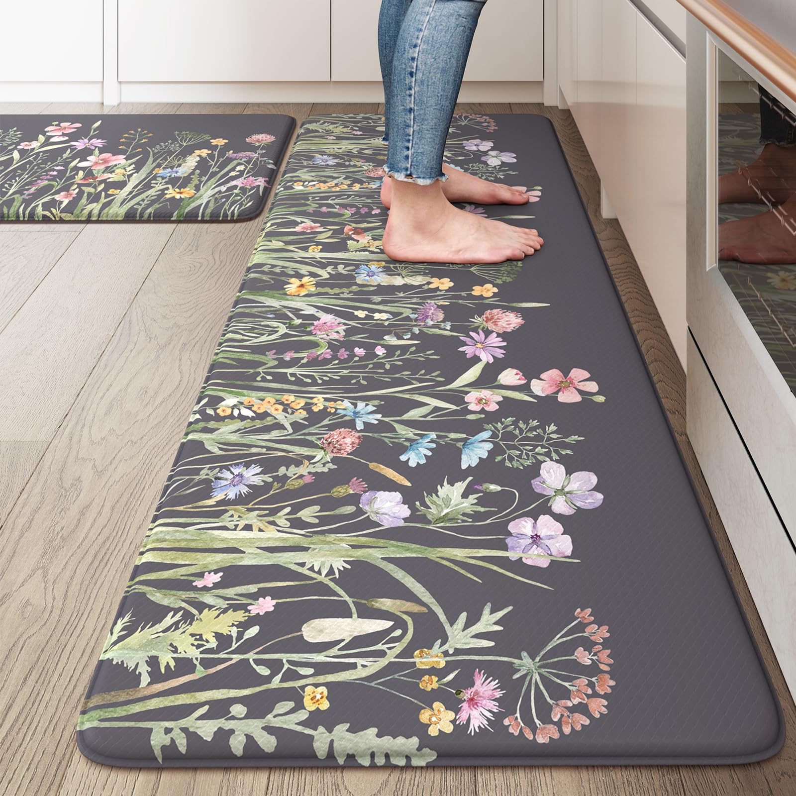 Lahomerug Anti Fatigue Mats for Kitchen Floor 17"x59"+17"x29", Farmhouse Floral Kitchen Rugs, Cushioned Memory Foam Kitchen Mats, Comfort Standing Mat for Laundry, Office, Sink, Desk Brown, Anti-fatigue floor mats Lahomerug Lahome 20" x 47"+20" x 32"--0.47 inches Floral/Dark Grey/Purple