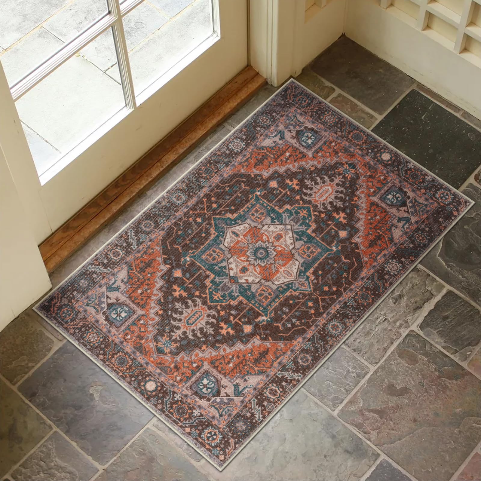 Lahomedecor Washable Indoor Doormat, Non Slip Retro Floor Mat 20" x 32" Area Rug Quick Absorbent Entrance Rug Distressed Front Door Mat, Welcome Mats Entryway Rug Doormats for Kitchen Home Patio Lahomedecor Lahome 24" x 36" Brick Red