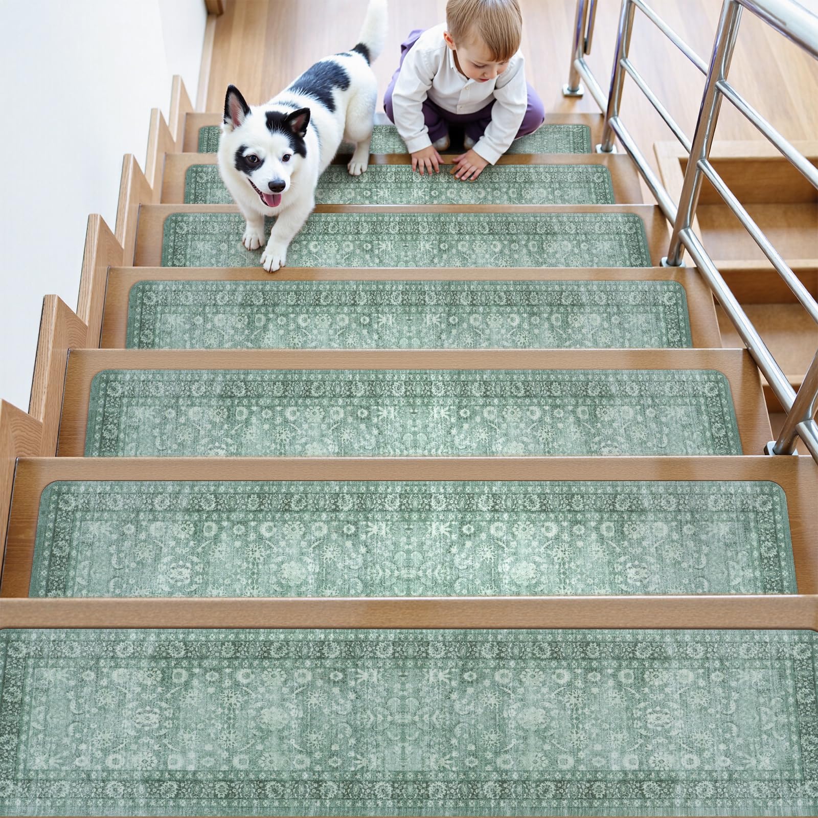 LahomeGlobal Vintage Stair Treads for Wooden Steps Indoor 15PCS 30"x8" Non-Slip Stair Runner Carpet Stair Treads Mats Staircase Step Treads for Kids, Elders and Dogs, Rubber Step Covers, Anti-slip floor mats for use on staircases LahomeGlobal Lahome
