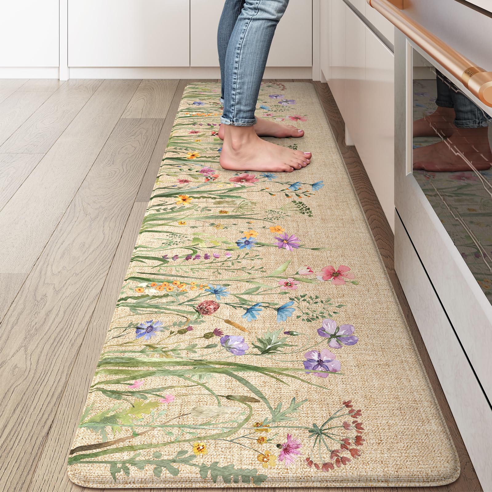 Lahomerug Anti Fatigue Mats for Kitchen Floor 17"x59"+17"x29", Farmhouse Floral Kitchen Rugs, Cushioned Memory Foam Kitchen Mats, Comfort Standing Mat for Laundry, Office, Sink, Desk Brown, Anti-fatigue floor mats Lahomerug Lahome 59"L x 17.3"W x 0.5"Th Floral/Brown