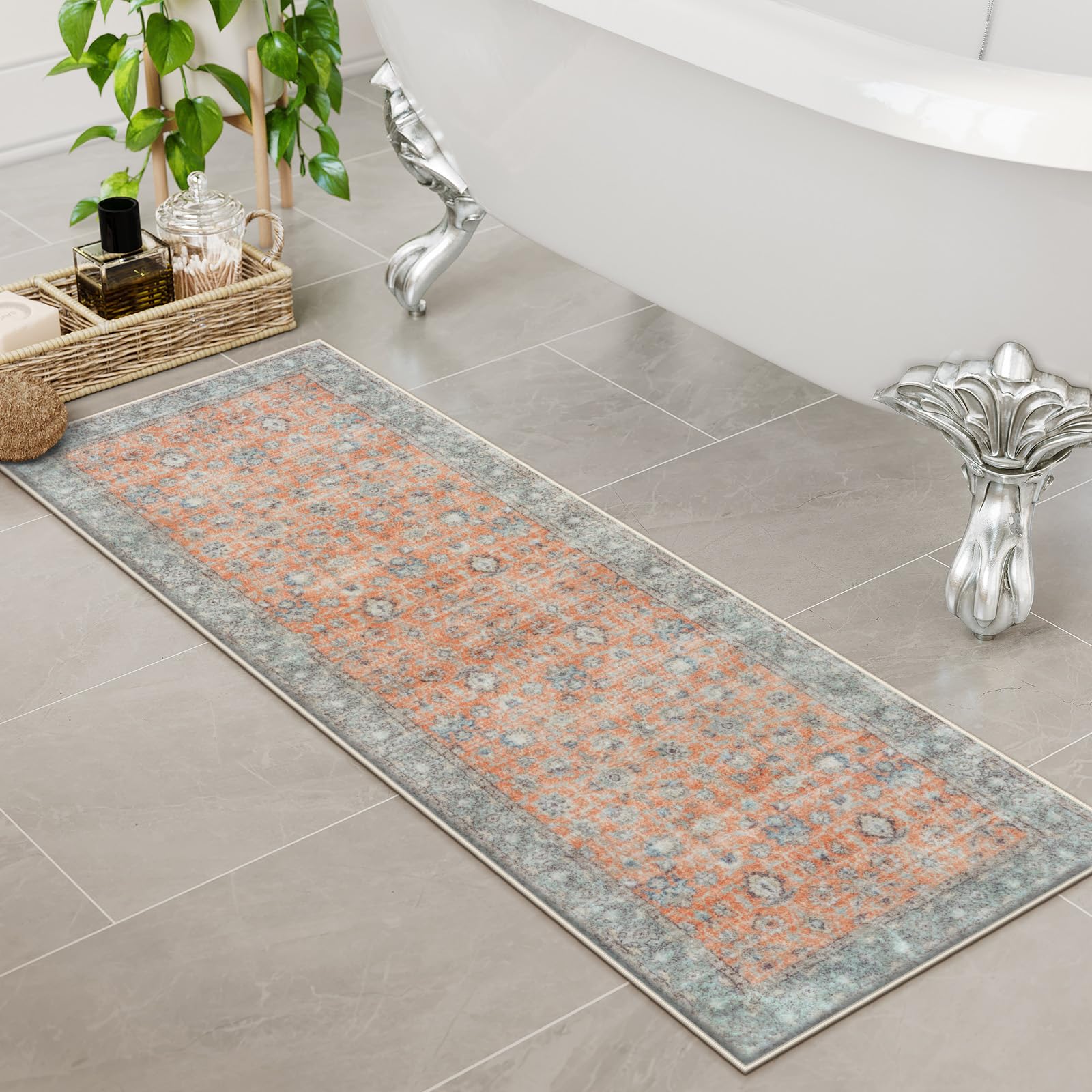 Lahomedecor Boho Bathroom Runner Rug Mat 18x47, Non-Slip Soft Shaggy and Comfortable Large Size Microfiber Vintage Farmhouse Bath Rug, Super Absorbent and Thick, Machine Washable, Long Bath Mat, Grey Lahomedecor Lahome 1'6" x 3'11" (Rectangular) Orange/Grey