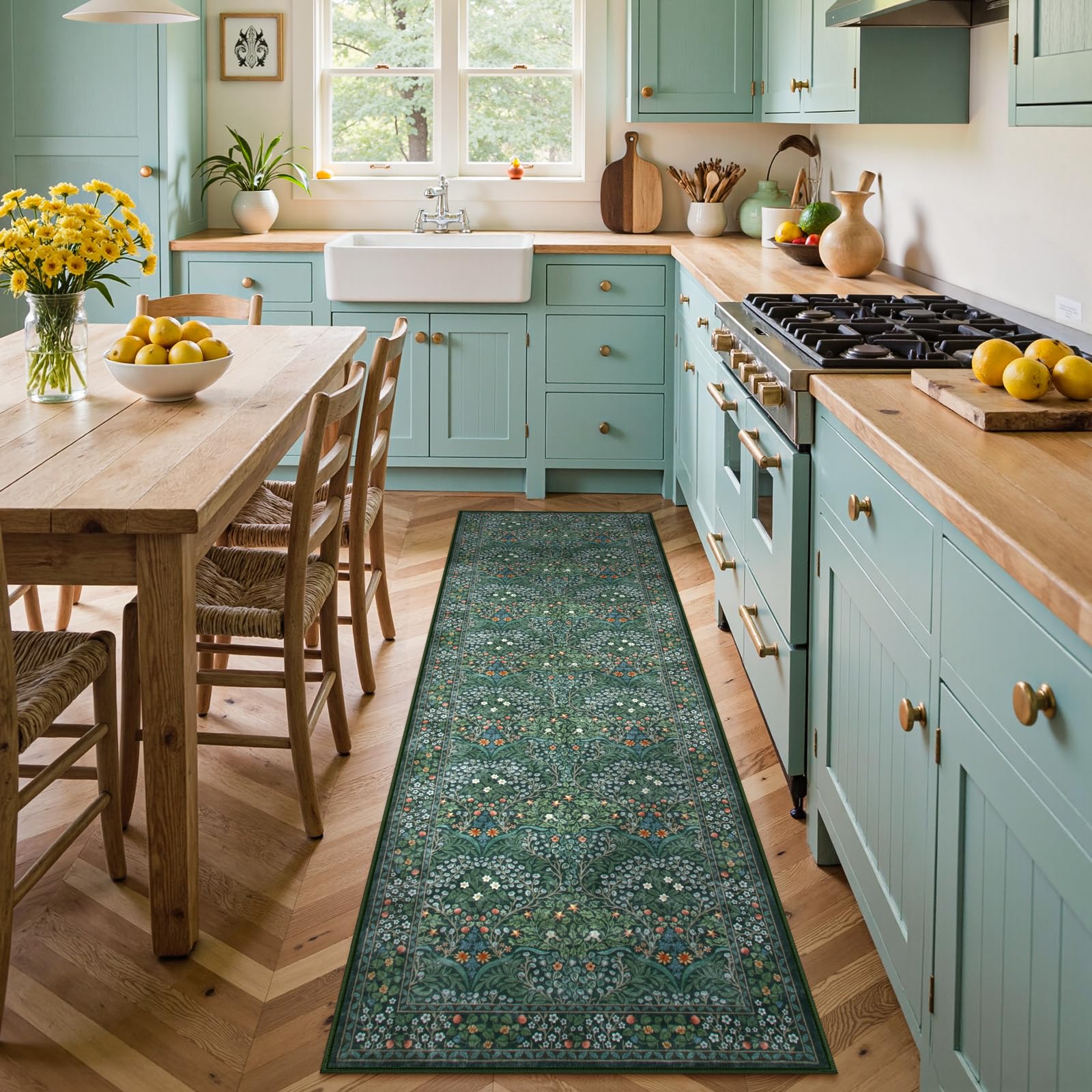 Lahomedecor Floral Area Rugs 5x7, Soft Washable Rugs for Living Room Bedroom, Boho Non Slip Low Pile Forest Design Large Throw Carpet for Farmhouse Dining Room Office, Black, Area rugs Lahomedecor Lahome 2.5'x8' Dark Green