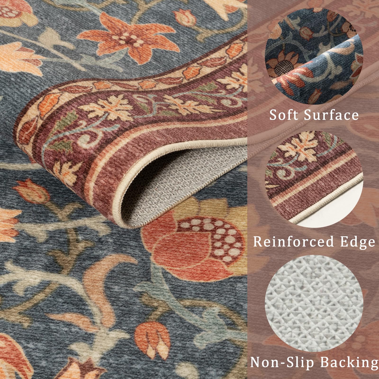 Lahomerug Floral Print Area Rug 5x7, Washable Dark Green Rugs for Living Room, Non Slip Soft Large Rugs for Bedroom, Stain Resistant Dining Room Mat Indoor Floor Carpet for Dorm Lahomerug Lahome