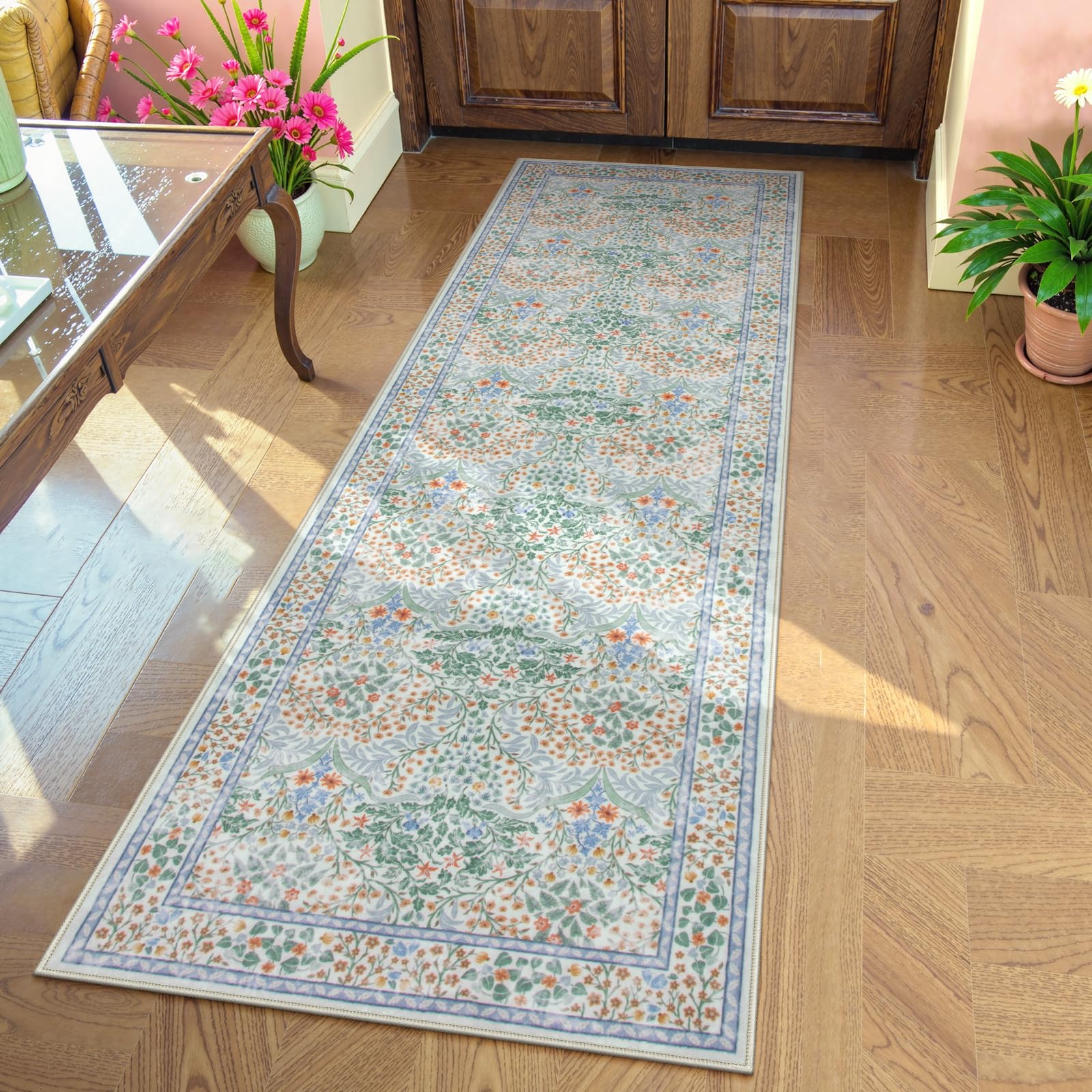 Lahomedecor Floral Area Rugs 5x7, Soft Washable Rugs for Living Room Bedroom, Boho Non Slip Low Pile Forest Design Large Throw Carpet for Farmhouse Dining Room Office, Black, Area rugs Lahomedecor Lahome 2'x6' Green