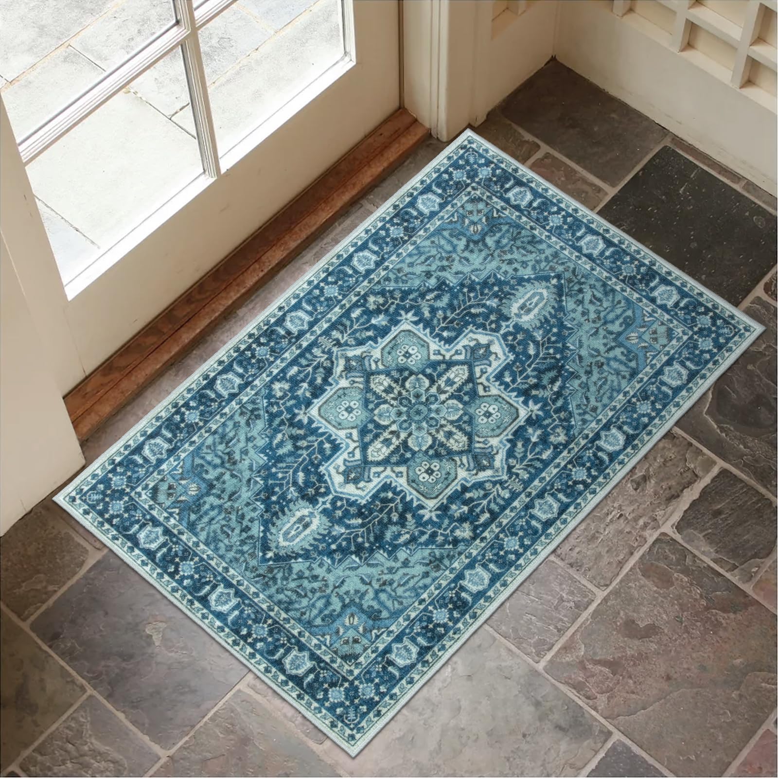 Lahomedecor Washable Indoor Doormat, Non Slip Retro Floor Mat 20" x 32" Area Rug Quick Absorbent Entrance Rug Distressed Front Door Mat, Welcome Mats Entryway Rug Doormats for Kitchen Home Patio Lahomedecor Lahome 24" x 36" Midnight Blue