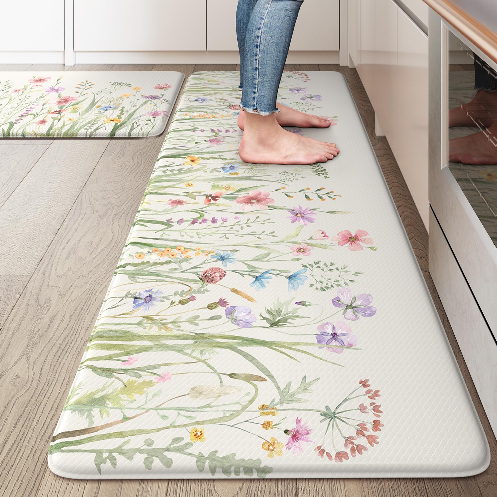 Lahomerug Anti Fatigue Mats for Kitchen Floor 17"x59"+17"x29", Farmhouse Floral Kitchen Rugs, Cushioned Memory Foam Kitchen Mats, Comfort Standing Mat for Laundry, Office, Sink, Desk Brown, Anti-fatigue floor mats Lahomerug Lahome 20" x 47"+20" x 32"--0.47 inches Floral/White