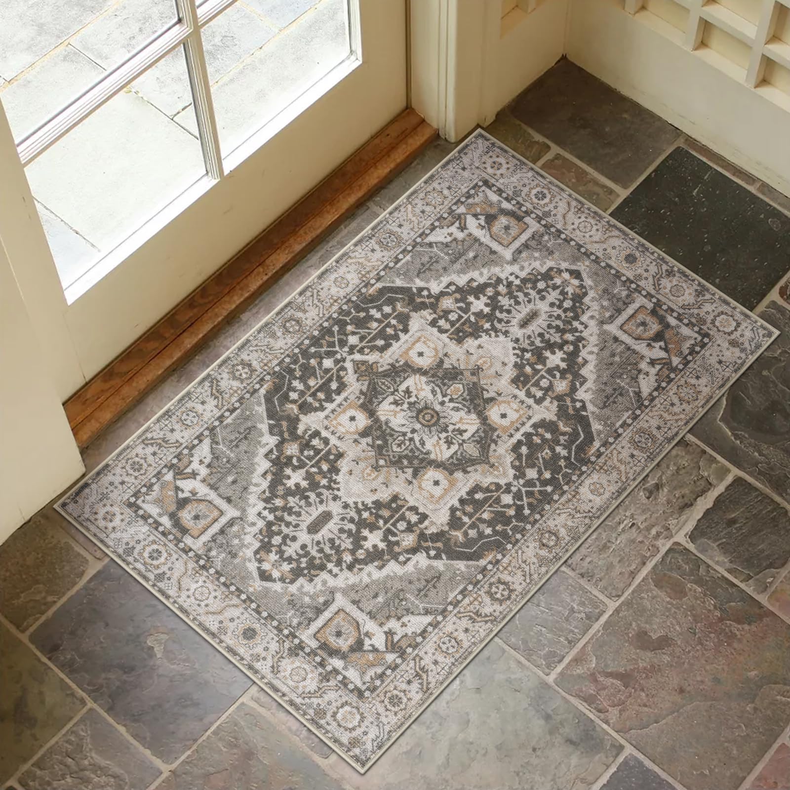 Lahomedecor Washable Indoor Doormat, Non Slip Retro Floor Mat 20" x 32" Area Rug Quick Absorbent Entrance Rug Distressed Front Door Mat, Welcome Mats Entryway Rug Doormats for Kitchen Home Patio Lahomedecor Lahome 24" x 36" Tan