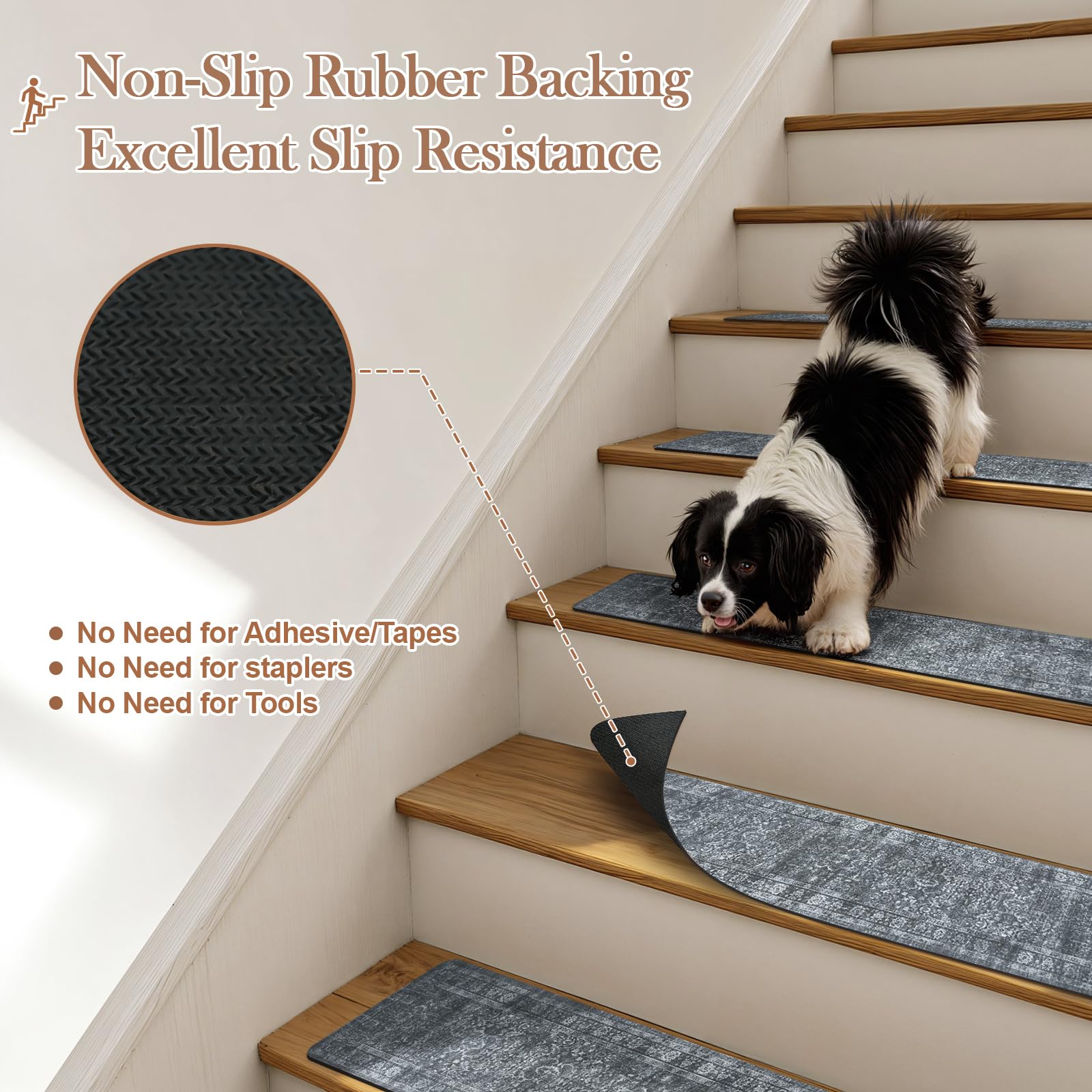 LahomeGlobal Vintage Stair Treads for Wooden Steps Indoor 15PCS 30"x8" Non-Slip Stair Runner Carpet Stair Treads Mats Staircase Step Treads for Kids, Elders and Dogs, Rubber Step Covers, Anti-slip floor mats for use on staircases LahomeGlobal Lahome