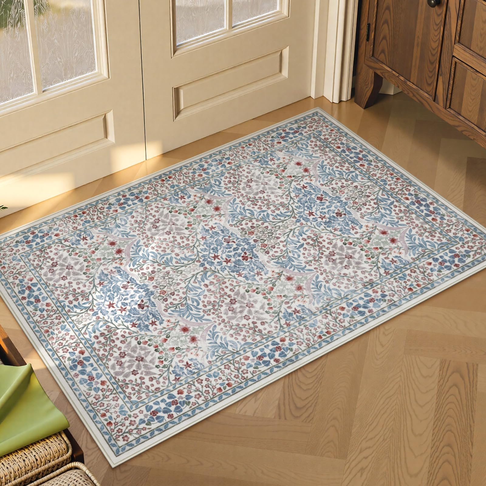 Lahomedecor Floral Area Rugs 5x7, Soft Washable Rugs for Living Room Bedroom, Boho Non Slip Low Pile Forest Design Large Throw Carpet for Farmhouse Dining Room Office, Black, Area rugs Lahomedecor Lahome 2'x3' Beige/Blue