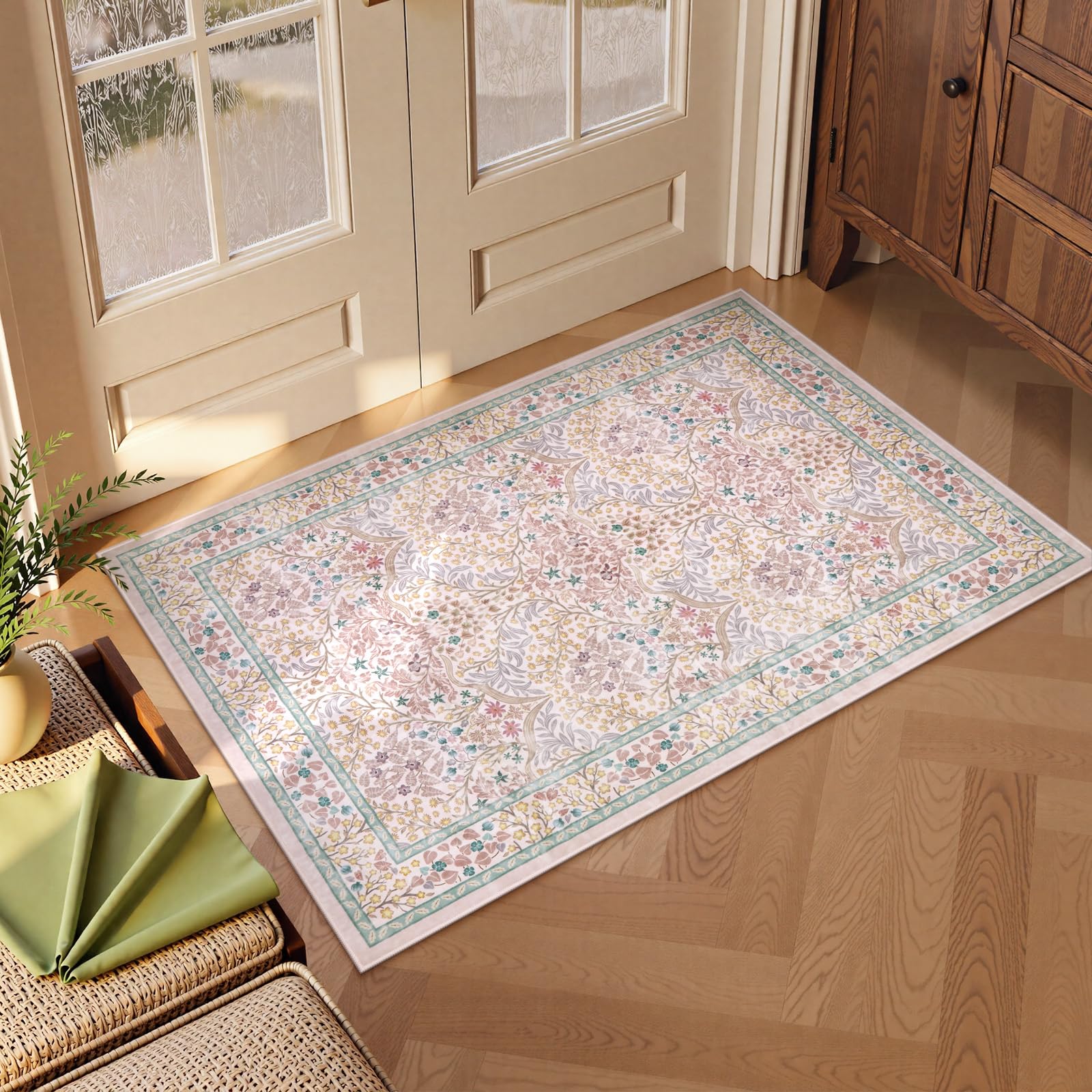 Lahomedecor Floral Area Rugs 5x7, Soft Washable Rugs for Living Room Bedroom, Boho Non Slip Low Pile Forest Design Large Throw Carpet for Farmhouse Dining Room Office, Black, Area rugs Lahomedecor Lahome 2'x3' Pink