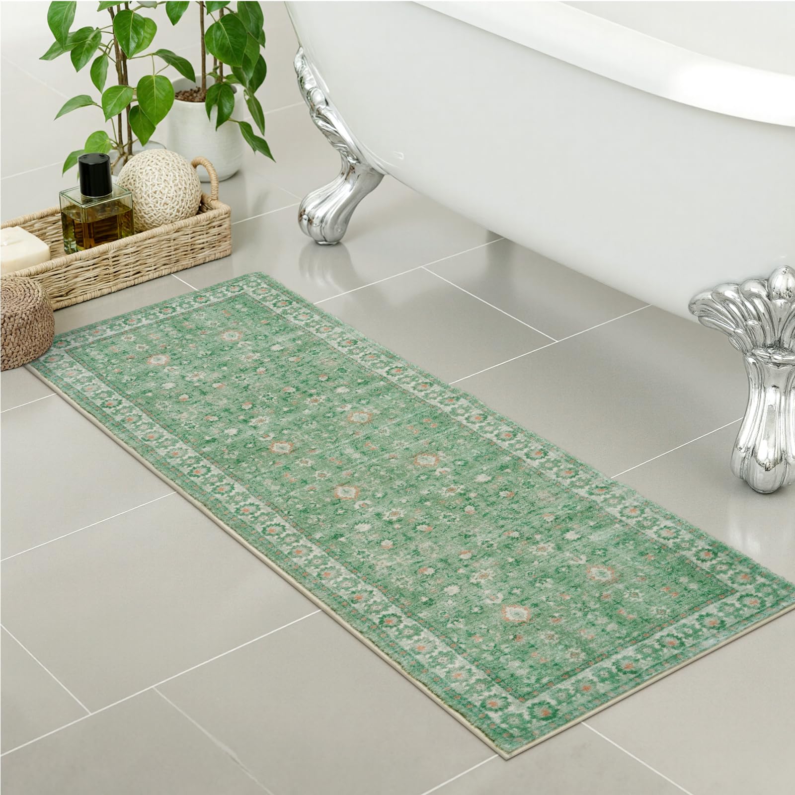 Lahomedecor Boho Bathroom Runner Rug Mat 18x47, Non-Slip Soft Shaggy and Comfortable Large Size Microfiber Vintage Farmhouse Bath Rug, Super Absorbent and Thick, Machine Washable, Long Bath Mat, Grey Lahomedecor Lahome 1'8" x 5' (Rectangular) Green