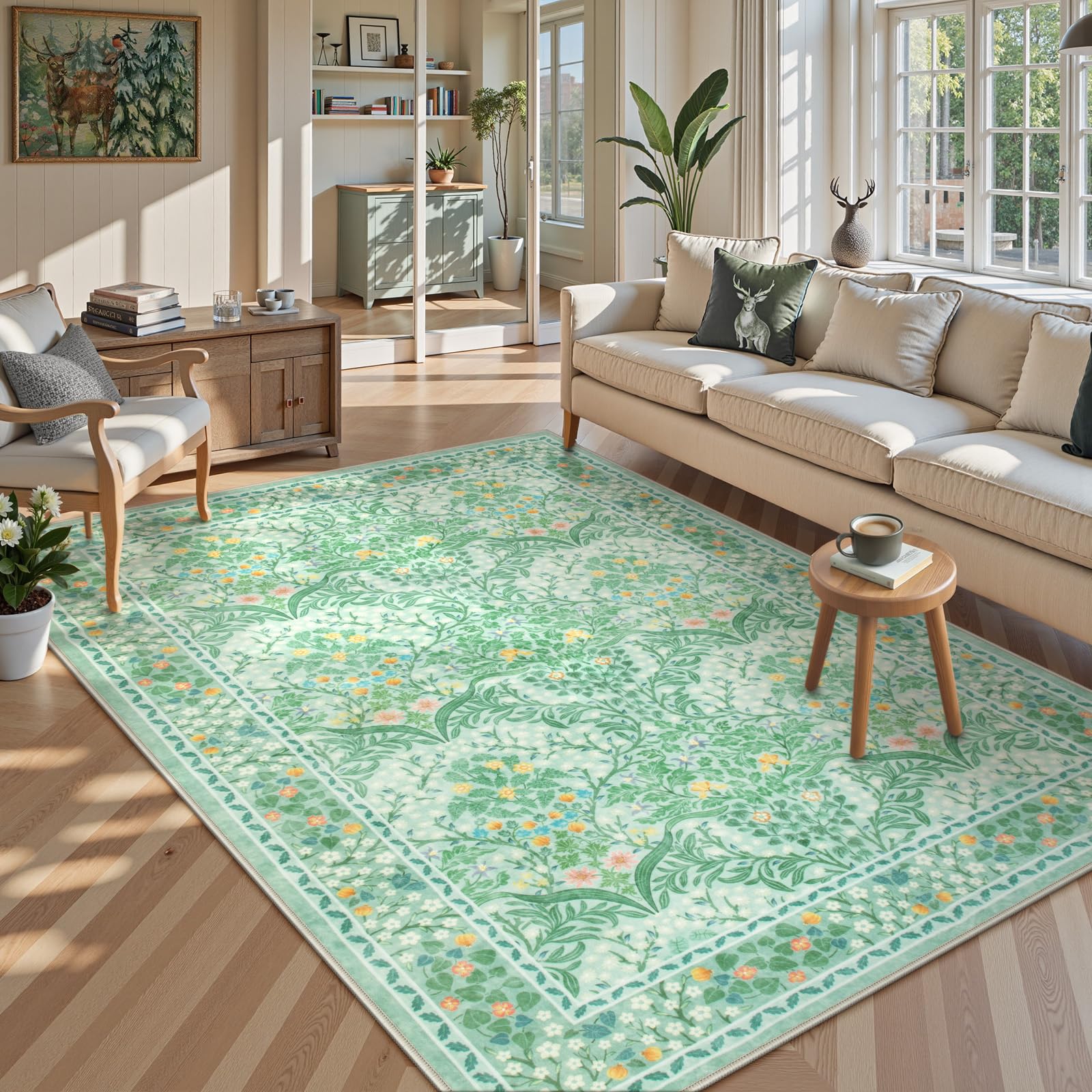 Lahomedecor Floral Area Rugs 5x7, Soft Washable Rugs for Living Room Bedroom, Boho Non Slip Low Pile Forest Design Large Throw Carpet for Farmhouse Dining Room Office, Black, Area rugs Lahomedecor Lahome 5'x7' Sage Green