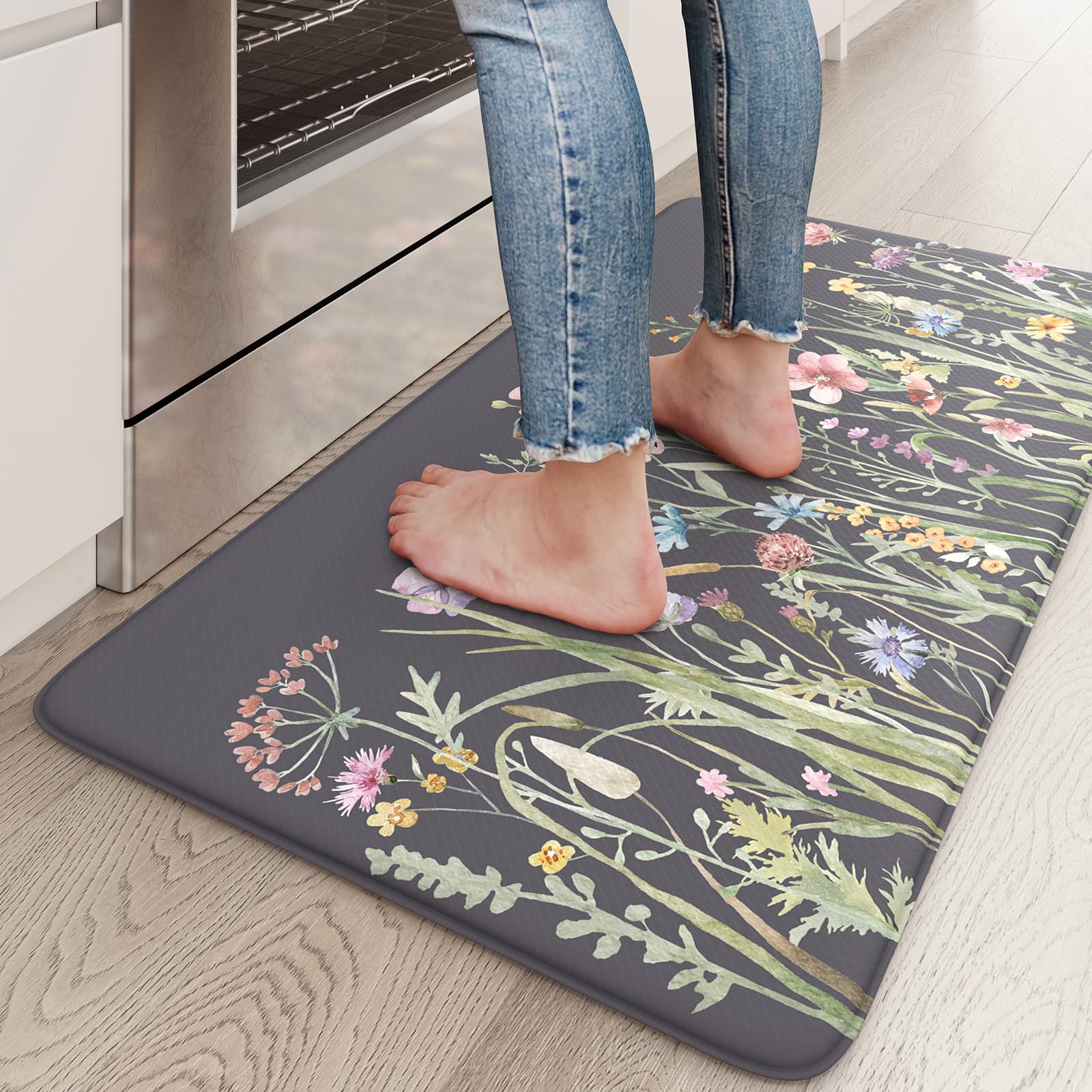 Lahomerug Anti Fatigue Mats for Kitchen Floor 17"x59"+17"x29", Farmhouse Floral Kitchen Rugs, Cushioned Memory Foam Kitchen Mats, Comfort Standing Mat for Laundry, Office, Sink, Desk Brown, Anti-fatigue floor mats Lahomerug Lahome 29"L x 17.3"W x 0.5"Th Floral/Dark Grey/Purple