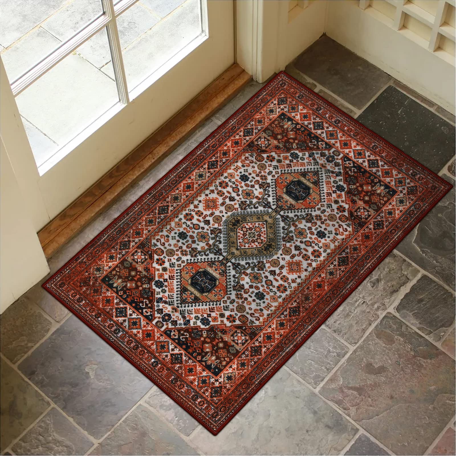 Lahomedecor Washable Indoor Doormat, Non Slip Retro Floor Mat 20" x 32" Area Rug Quick Absorbent Entrance Rug Distressed Front Door Mat, Welcome Mats Entryway Rug Doormats for Kitchen Home Patio Lahomedecor Lahome 24" x 36" Saffron Red