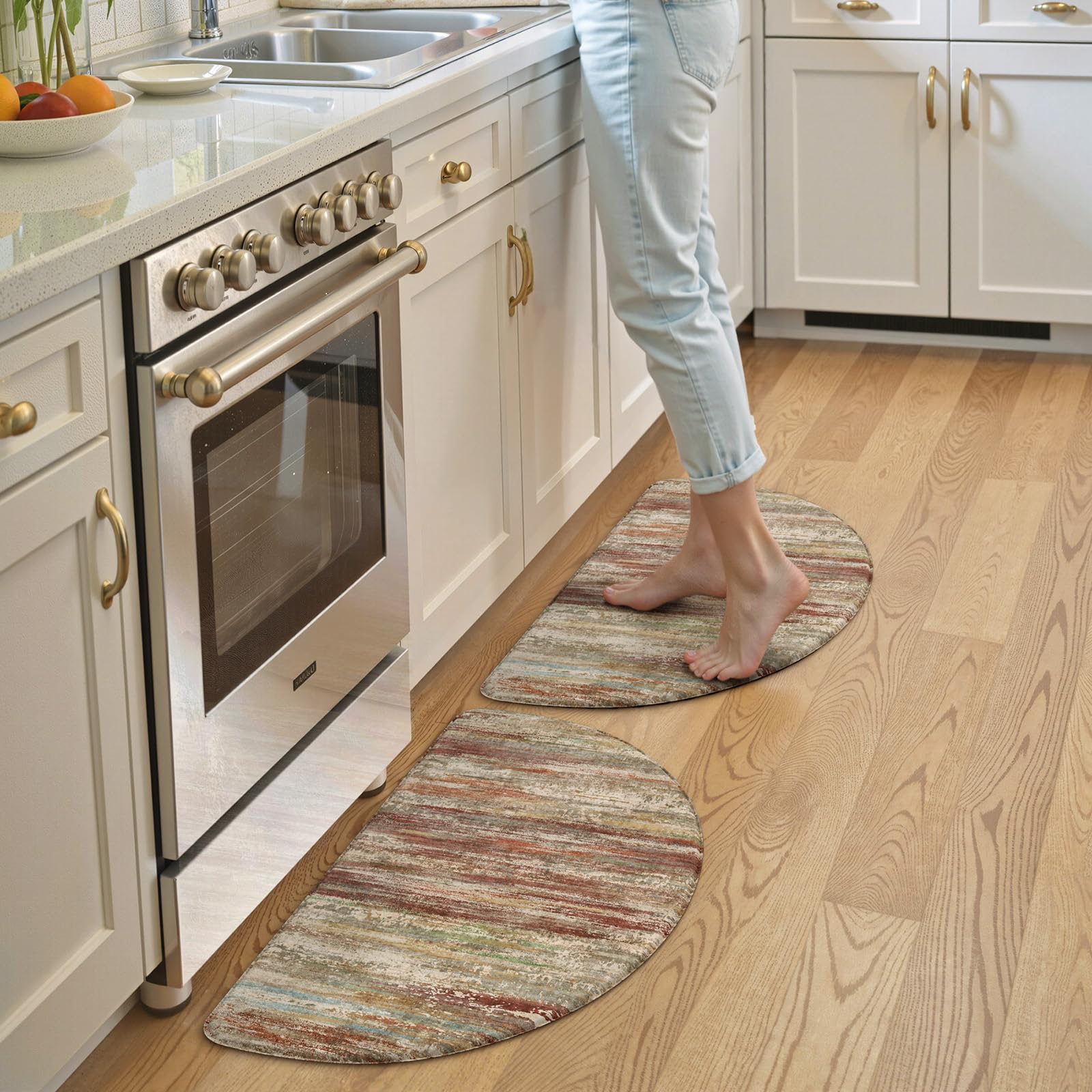 Lahomerugs Anti Fatigue Kitchen Mats 17"x47"+17"x29", Abstract Kitchen Rugs Sets of 2, Non Slip Kitchen Mats for Floor, Anti-fatigue floor mats, Cushioned Comfort Standing Mats for Sink, Laundry, Office, Desk Multi-Blue Lahomerugs Lahome 18" x 28"+18" x 28"--0.47 inches(Semicircular) Red Brown/Multi