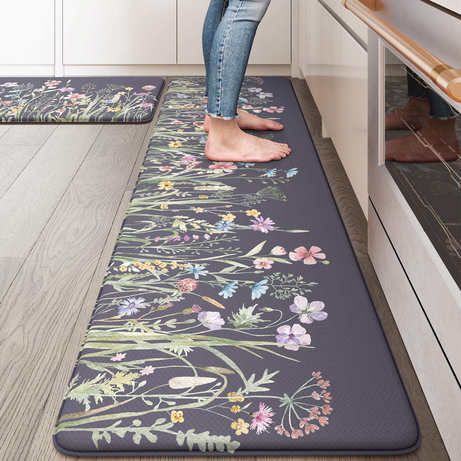 Lahomerug Anti Fatigue Mats for Kitchen Floor 17"x59"+17"x29", Farmhouse Floral Kitchen Rugs, Cushioned Memory Foam Kitchen Mats, Comfort Standing Mat for Laundry, Office, Sink, Desk Brown, Anti-fatigue floor mats Lahomerug Lahome 17.3" x 59"+17.3" x 29"--0.47 inches Floral/Dark Grey/Purple