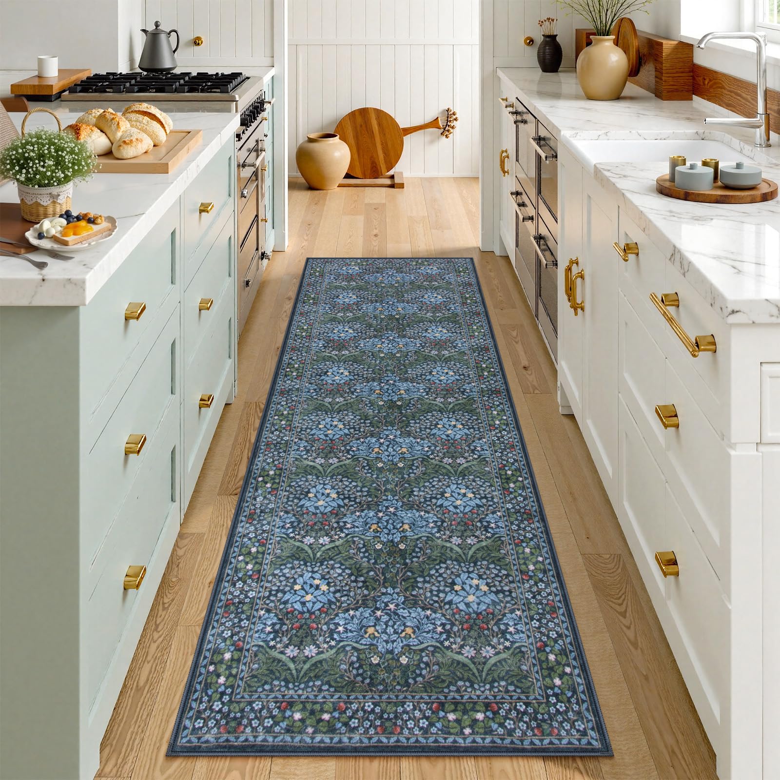 Lahomedecor Floral Area Rugs 5x7, Soft Washable Rugs for Living Room Bedroom, Boho Non Slip Low Pile Forest Design Large Throw Carpet for Farmhouse Dining Room Office, Black, Area rugs Lahomedecor Lahome 2'x6' Blue