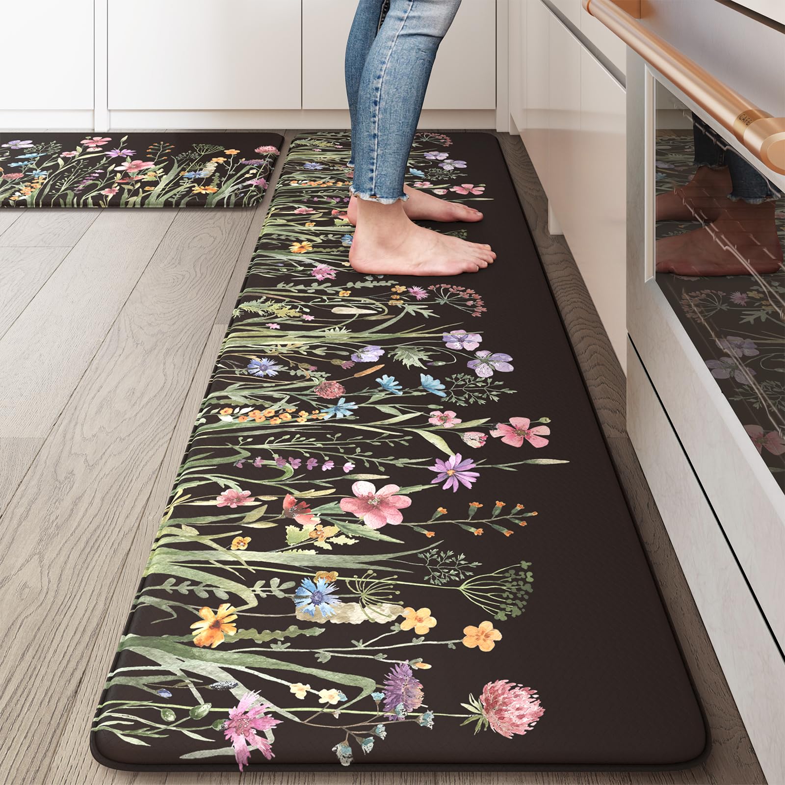 Lahomerug Anti Fatigue Mats for Kitchen Floor 17"x59"+17"x29", Farmhouse Floral Kitchen Rugs, Cushioned Memory Foam Kitchen Mats, Comfort Standing Mat for Laundry, Office, Sink, Desk Brown, Anti-fatigue floor mats Lahomerug Lahome 17.3" x 59"+17.3" x 29"--0.47 inches Floral/Black
