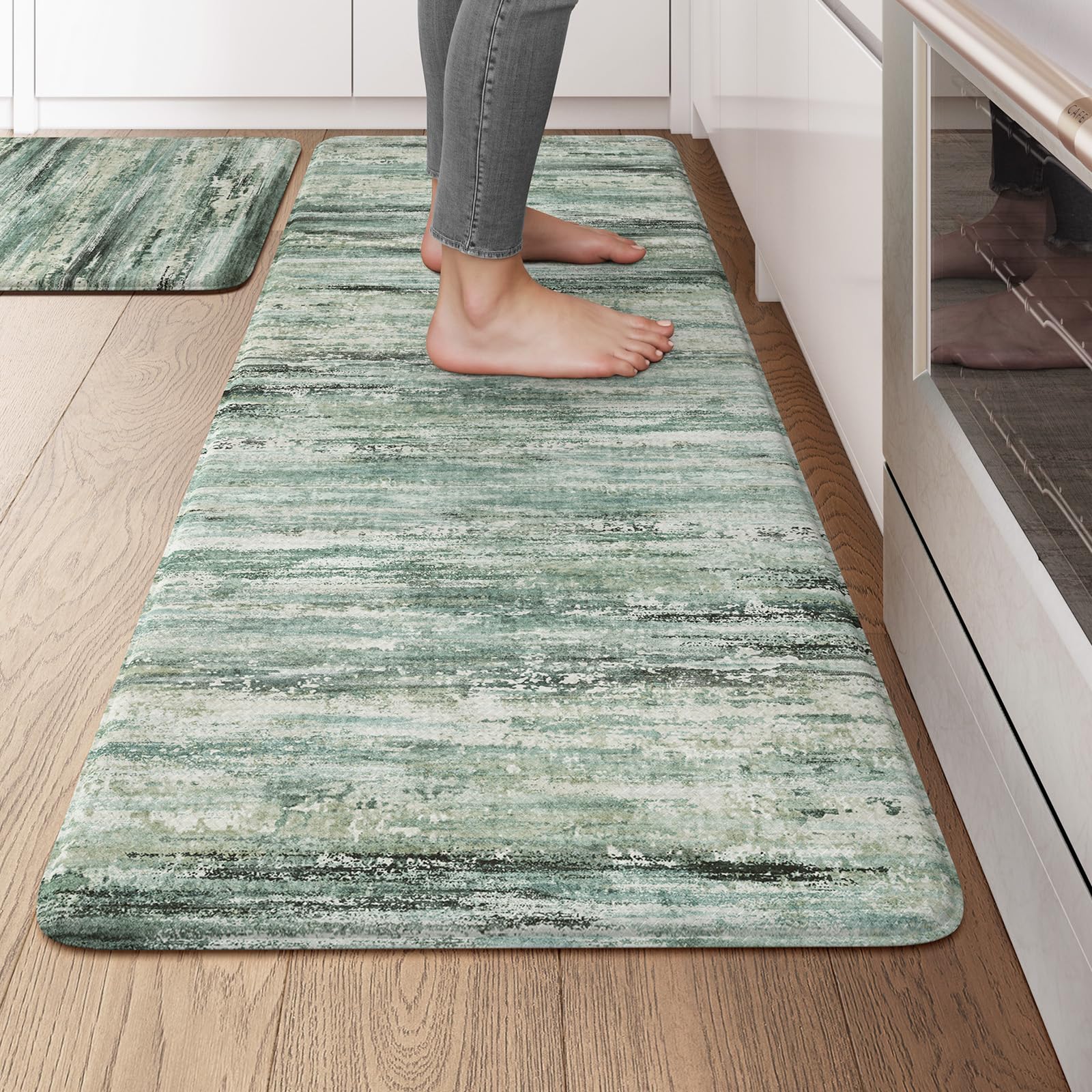 Lahomerugs Anti Fatigue Kitchen Mats 17"x47"+17"x29", Abstract Kitchen Rugs Sets of 2, Non Slip Kitchen Mats for Floor, Anti-fatigue floor mats, Cushioned Comfort Standing Mats for Sink, Laundry, Office, Desk Multi-Blue Lahomerugs Lahome 20" x 47"+20" x 32"--0.47 inches Green/Multi