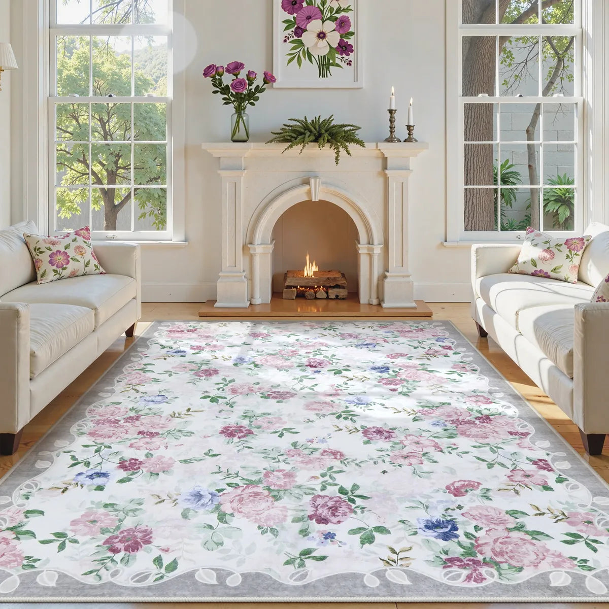 Washable Purple Romantic Rose Floral Rug | Nina Vintage Style - Lahome