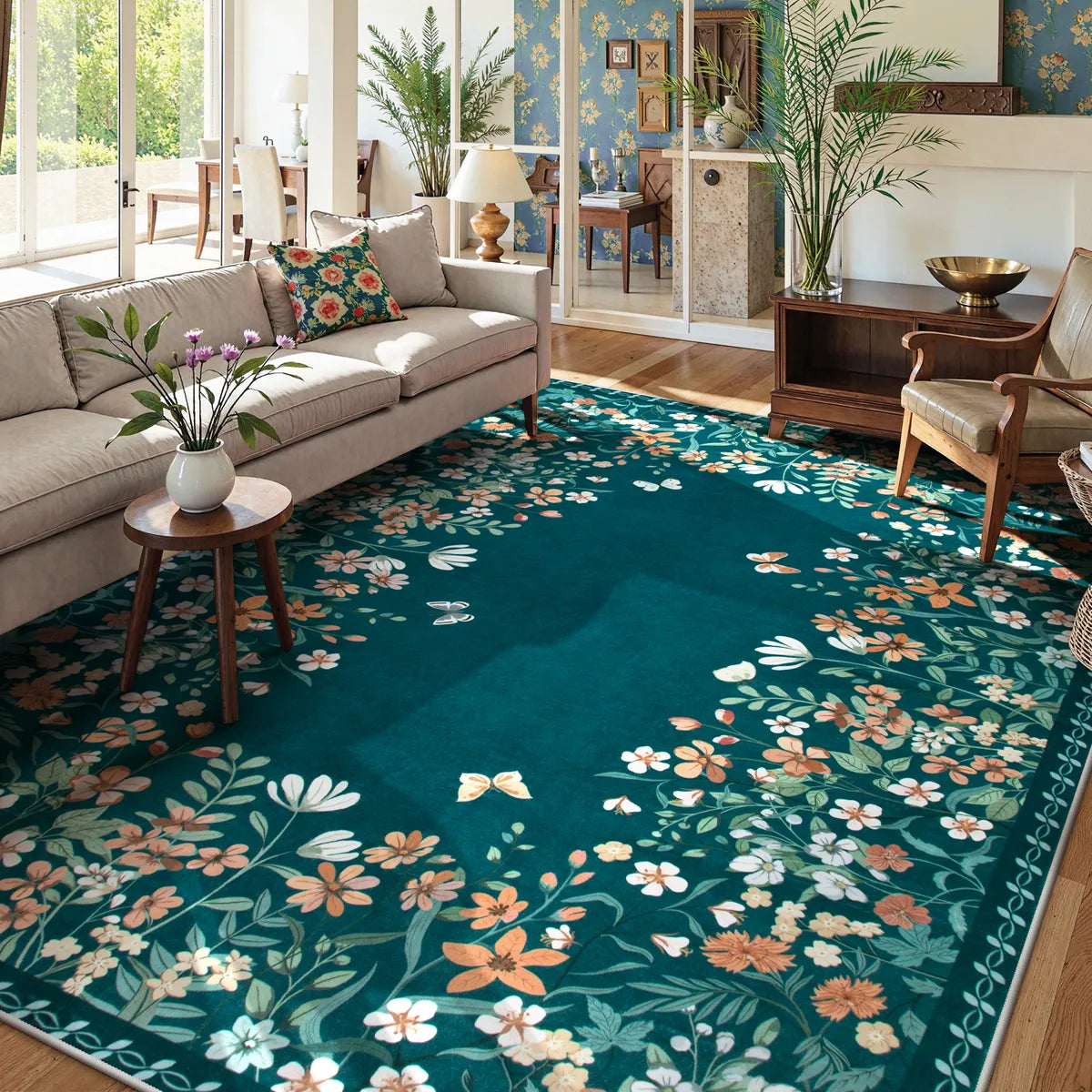 Solene Washable Modern Blooming Floral Garden Blue Rug Area Rugs Lahome 8' x 10'