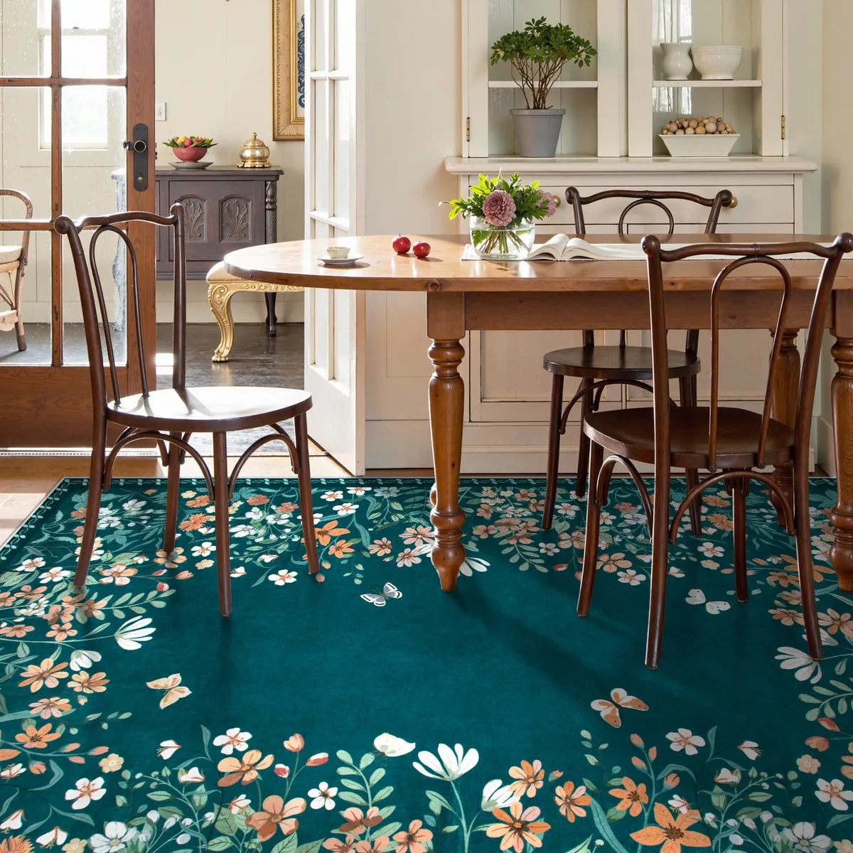 Solene Washable Modern Blooming Floral Garden Blue Rug Area Rugs Lahome