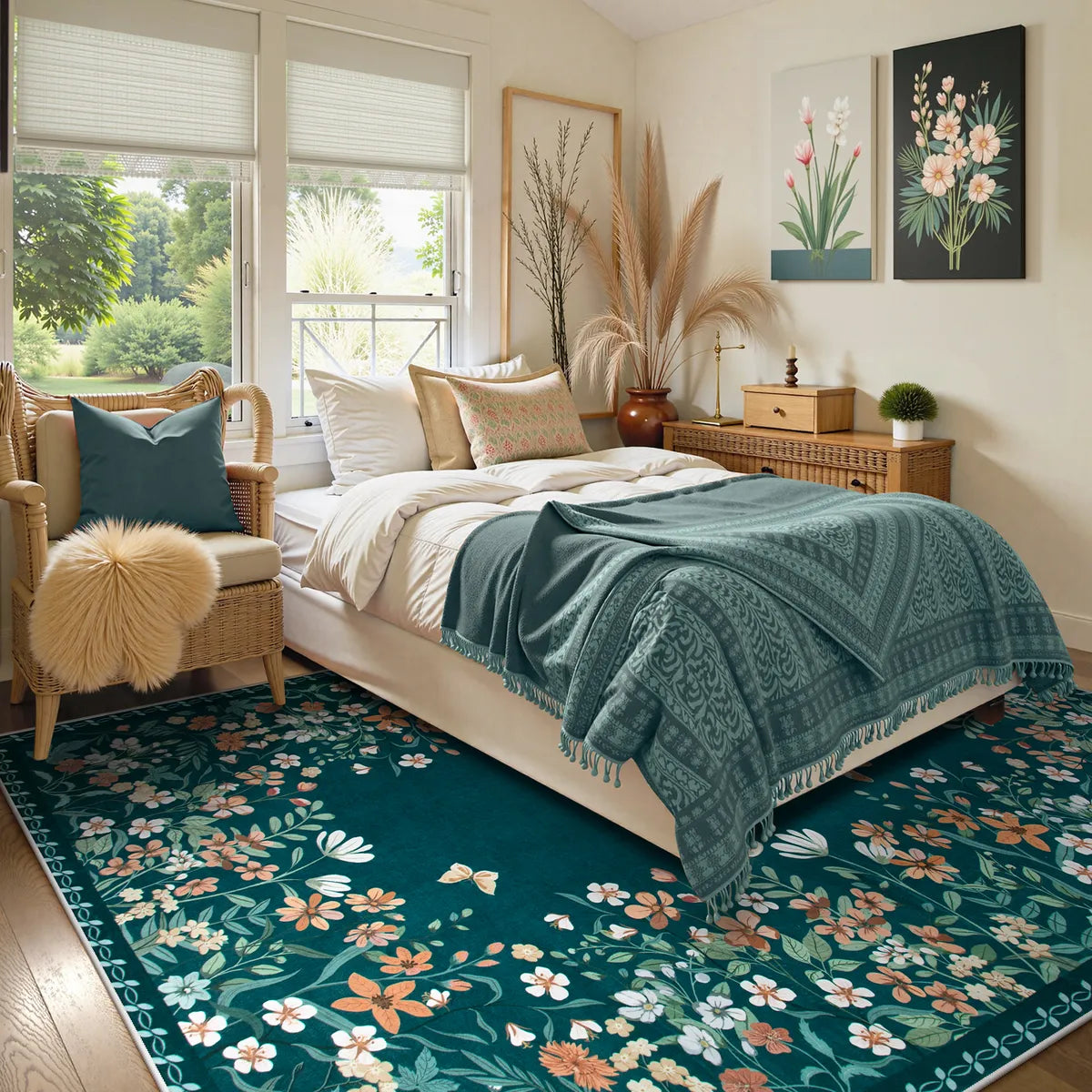 Solene Washable Modern Blooming Floral Garden Blue Rug Area Rugs Lahome