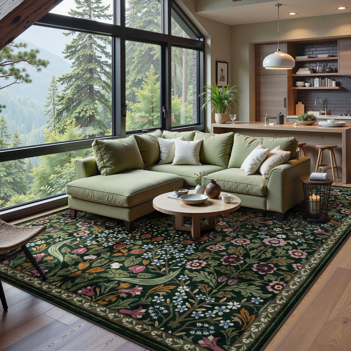 `Giverny Washable Maximalism Vintage French Floral Dark Green Rug (8 x 10 feet)