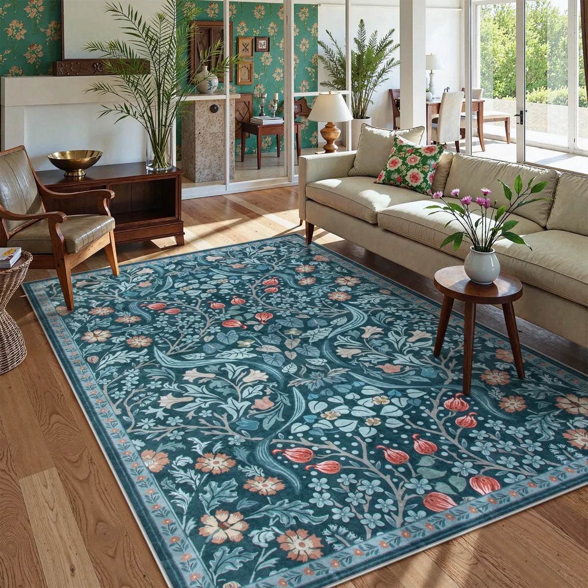 Claude Washable Maximalism Vibrant Floral Teal Blue Rug Area Rugs Lahome 8' x 10'