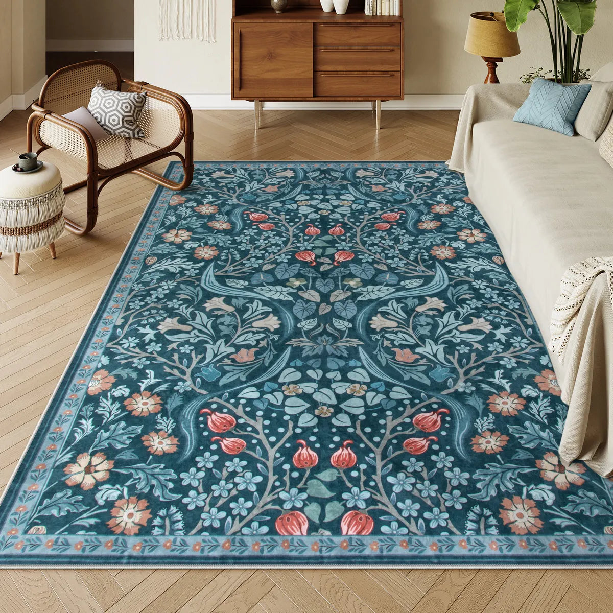 Claude Washable Maximalism Vibrant Floral Teal Blue Rug Area Rugs Lahome