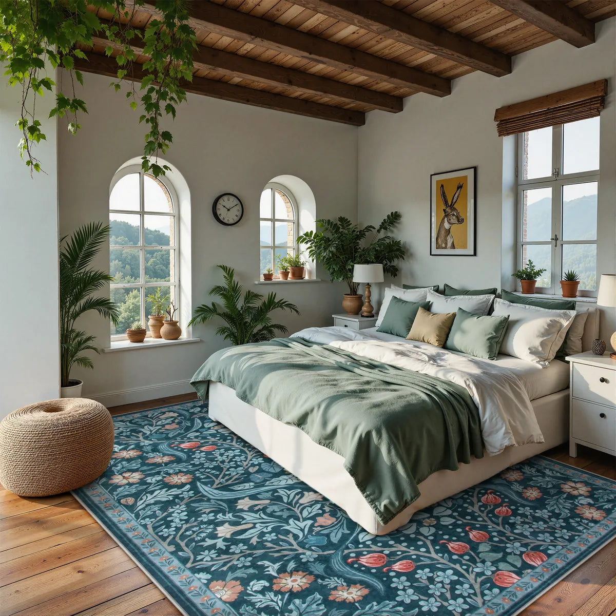 Claude Washable Maximalism Vibrant Floral Teal Blue Rug Area Rugs Lahome