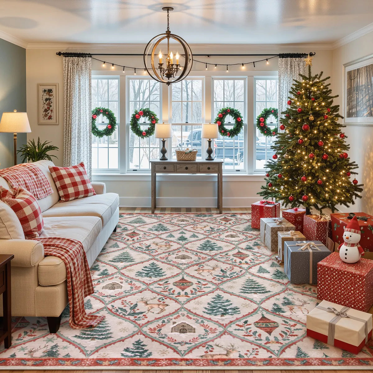Glace Christmas Washable Tree and Reindeer Pink/Beige Rug Area Rugs Lahome