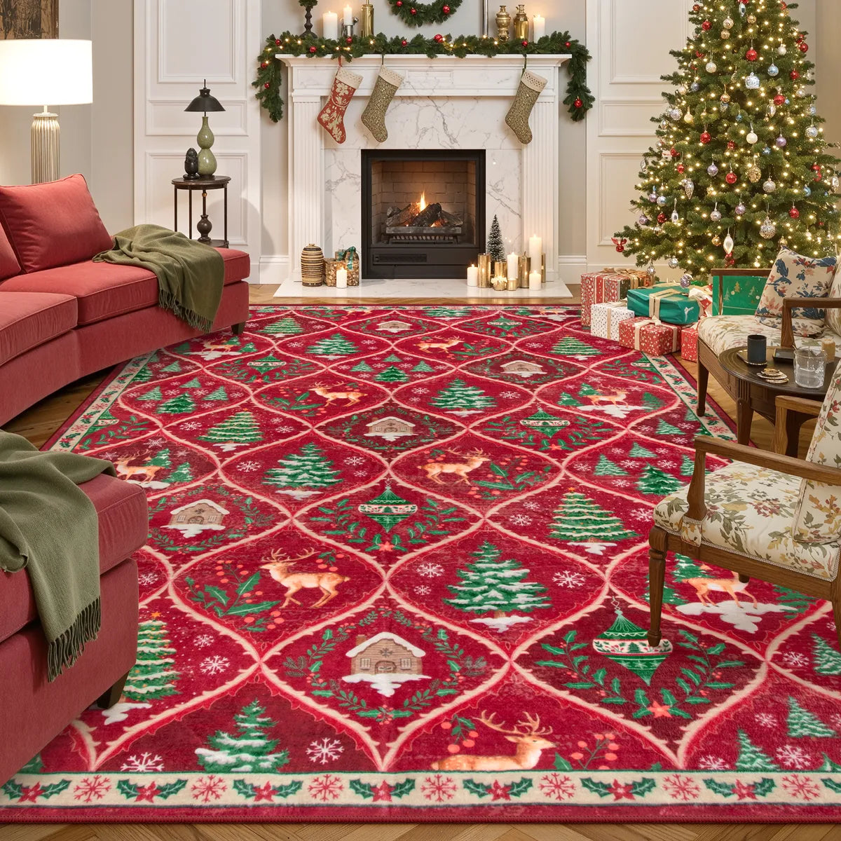 Glace Christmas Washable Tree and Reindeer Red Rug Area Rugs Lahome 8' x 10'
