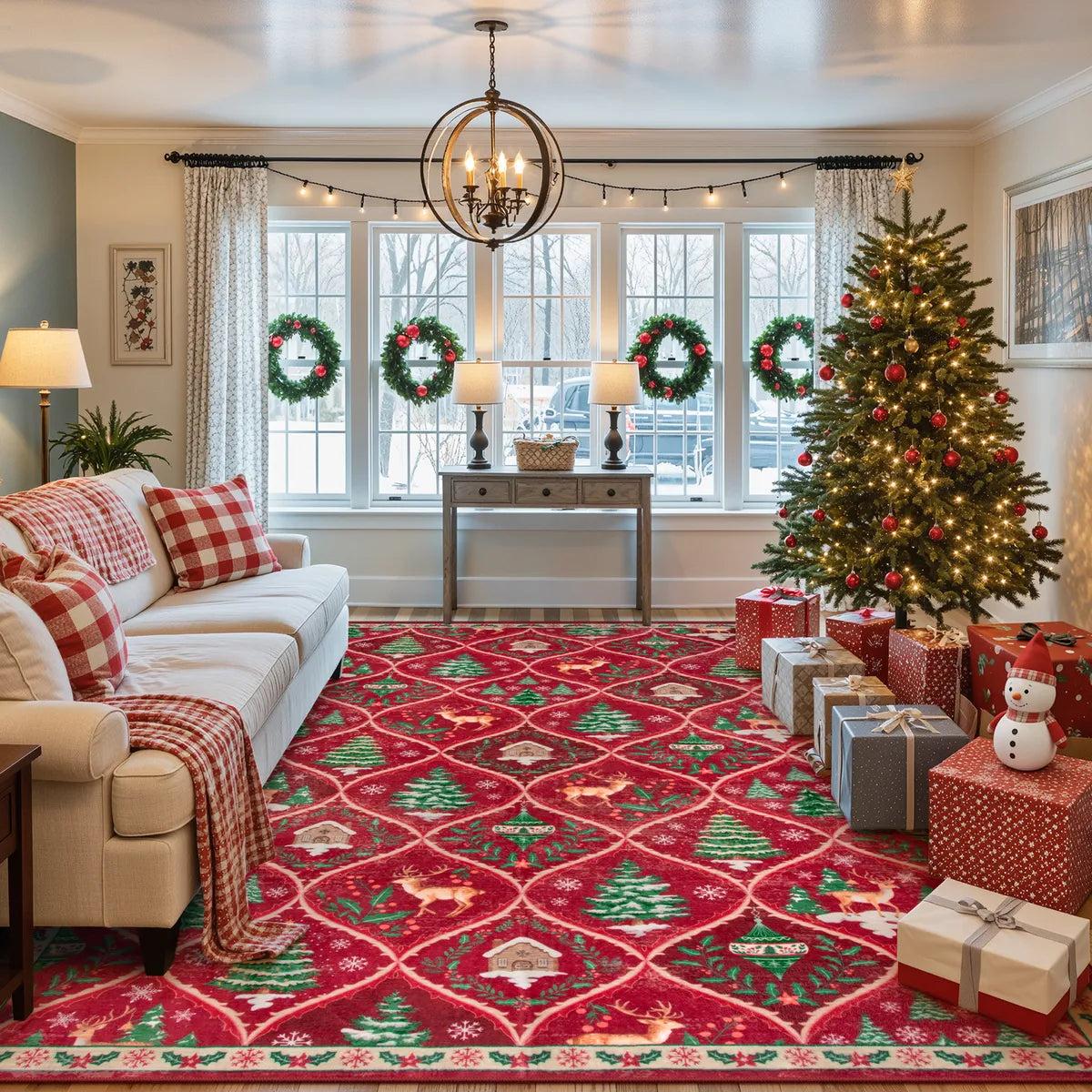 Glace Christmas Washable Tree and Reindeer Red Rug Area Rugs Lahome