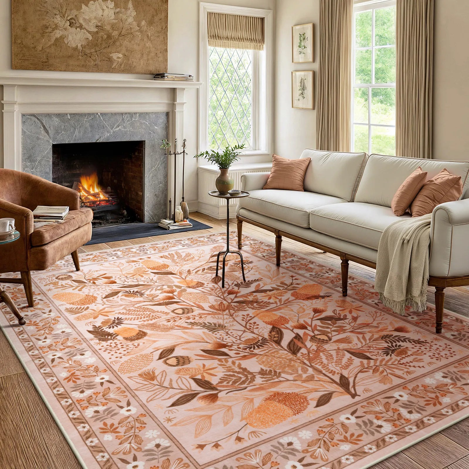 Alma Washable Modern Natural Botanical Floral Beige Rug Area Rugs Lahome