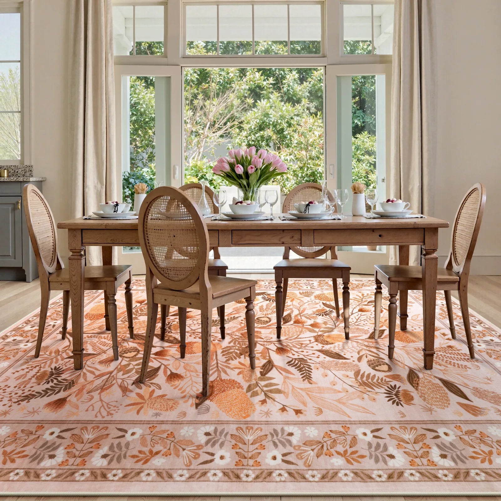 Alma Washable Modern Natural Botanical Floral Beige Rug Area Rugs Lahome