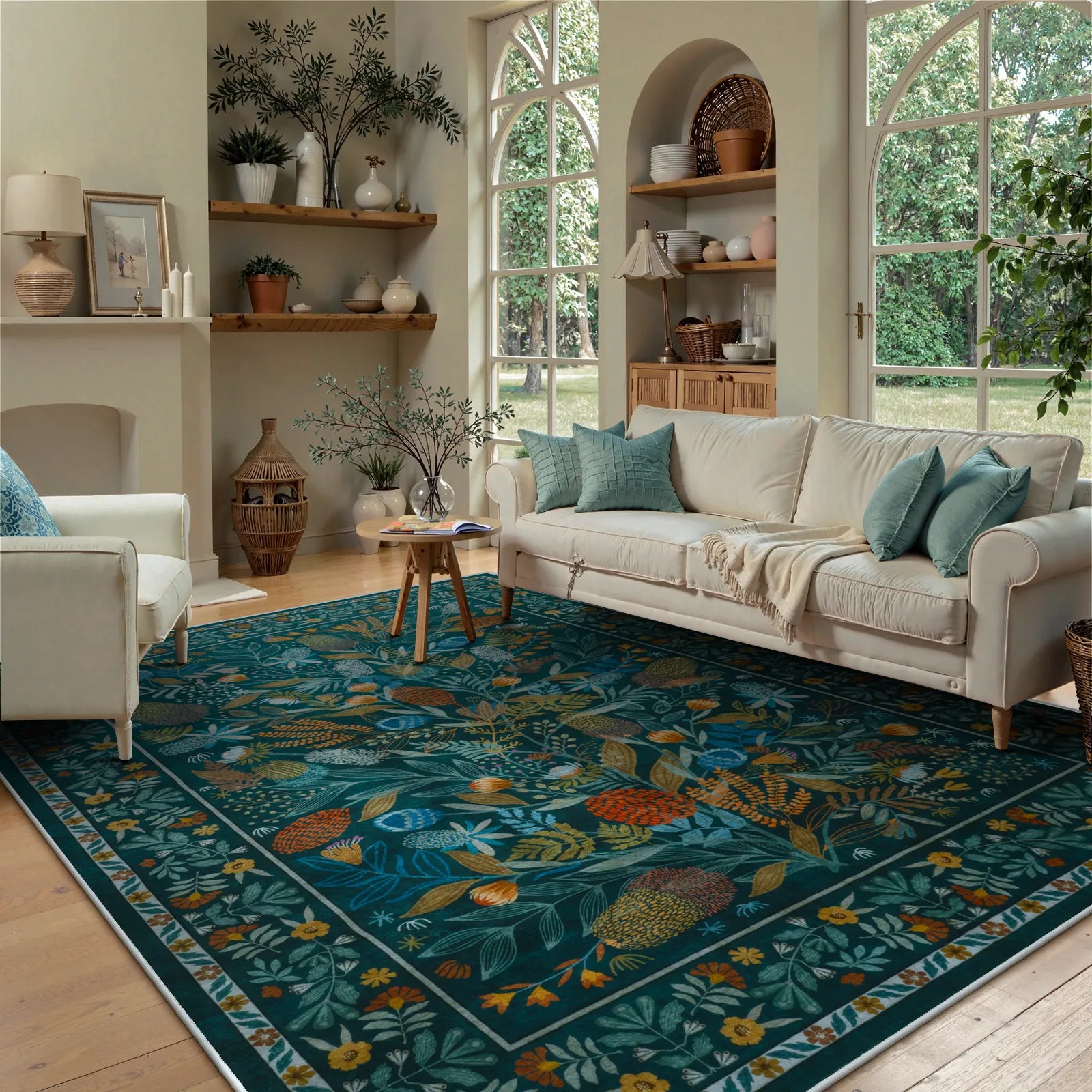 Alma Washable Modern Natural Botanical Floral Blue Rug Area Rugs Lahome