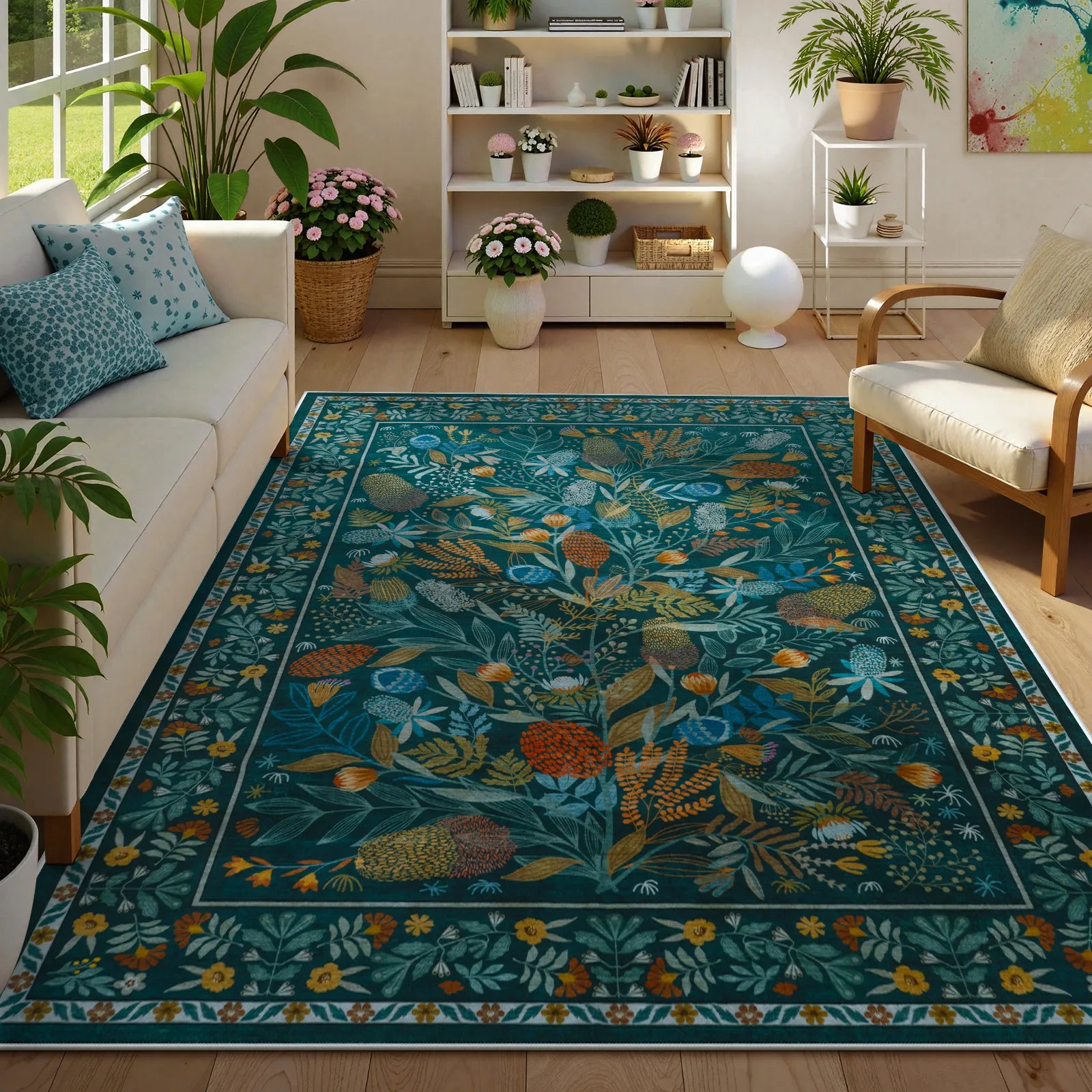 Alma Washable Modern Natural Botanical Floral Blue Rug Area Rugs Lahome 8' x 10'