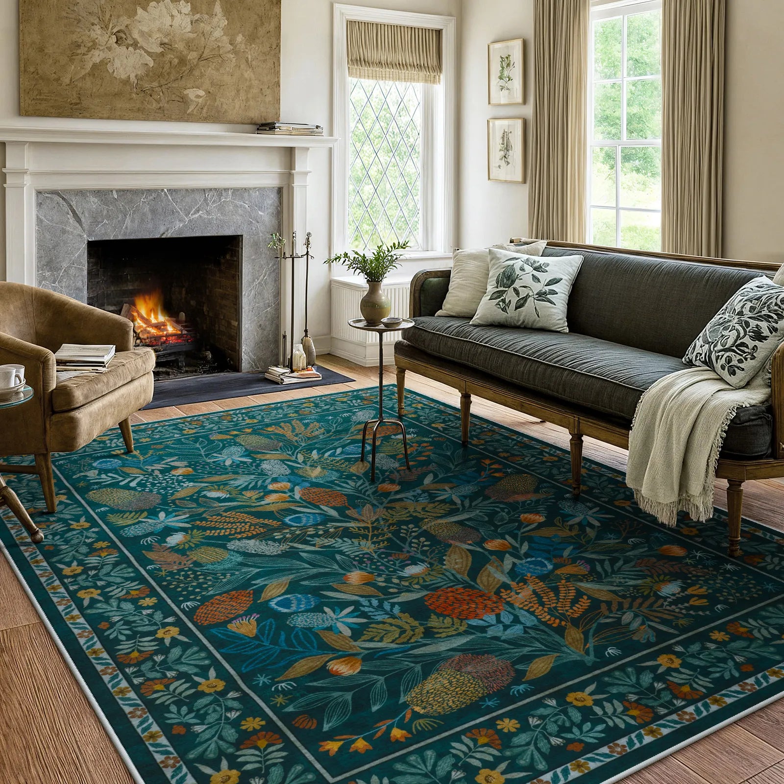 Alma Washable Modern Natural Botanical Floral Blue Rug Area Rugs Lahome