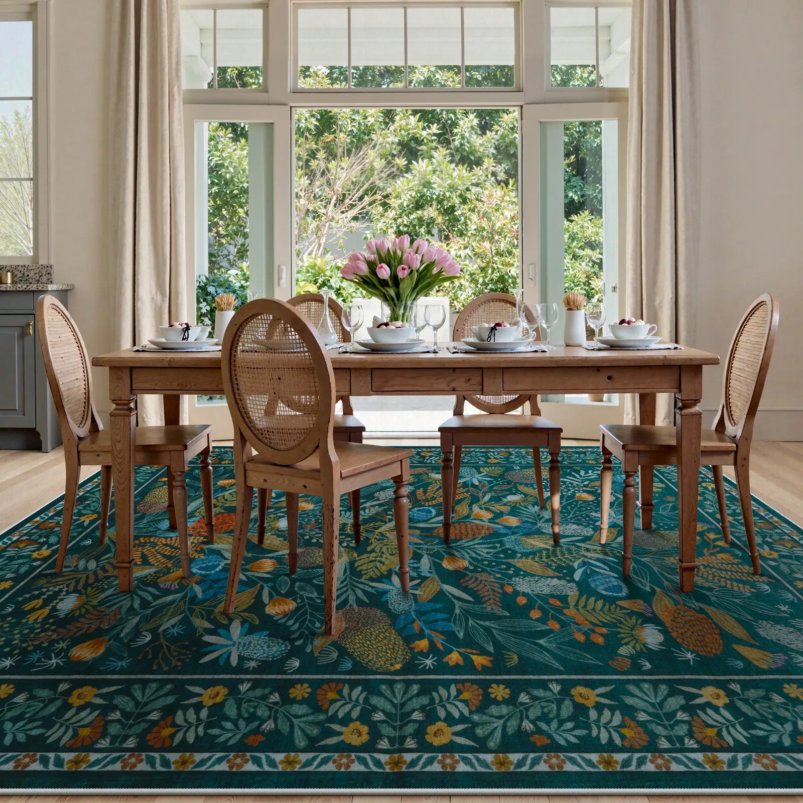 Alma Washable Modern Natural Botanical Floral Blue Rug Area Rugs Lahome