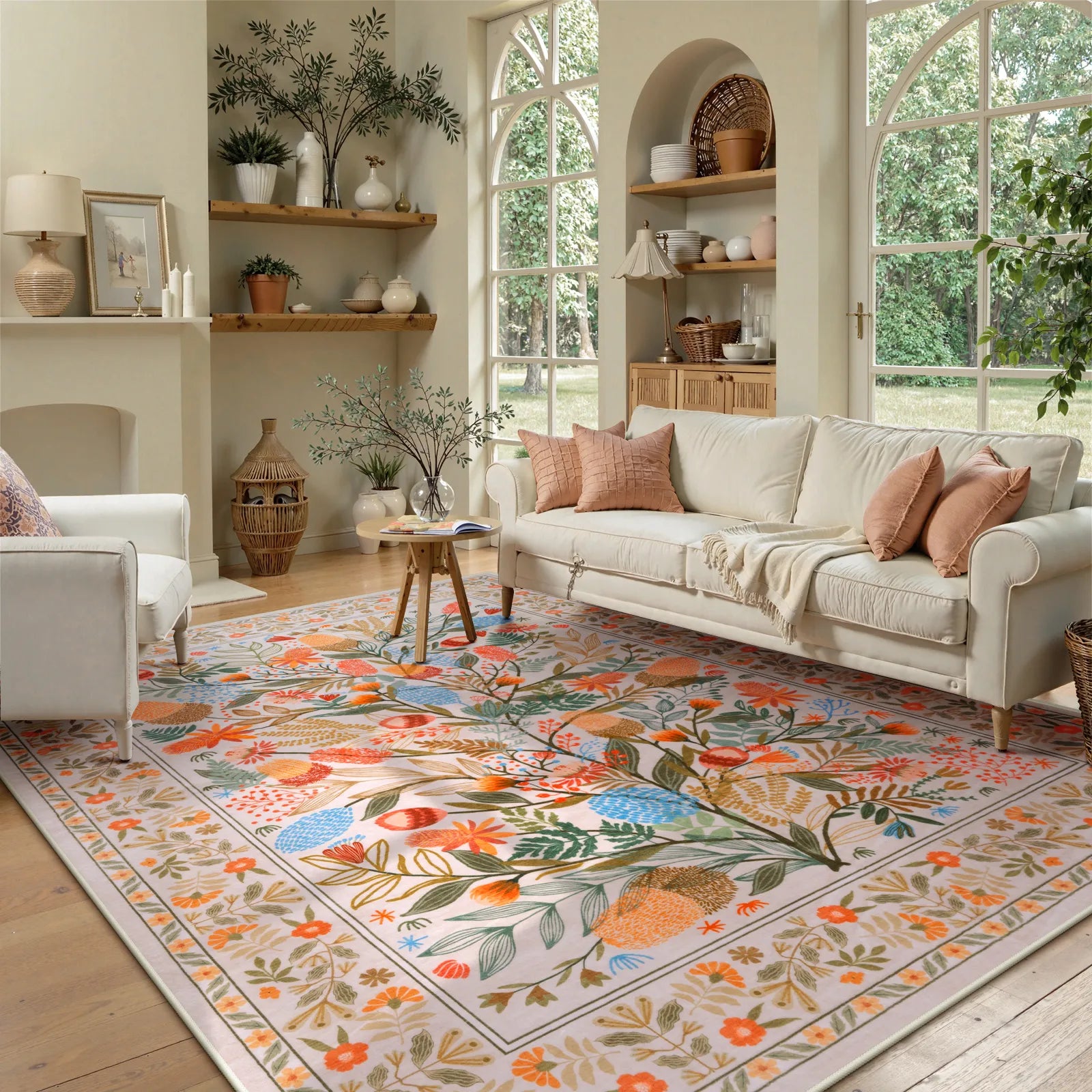 Alma Washable Modern Natural Botanical Floral Colorful Rug Area Rugs Lahome