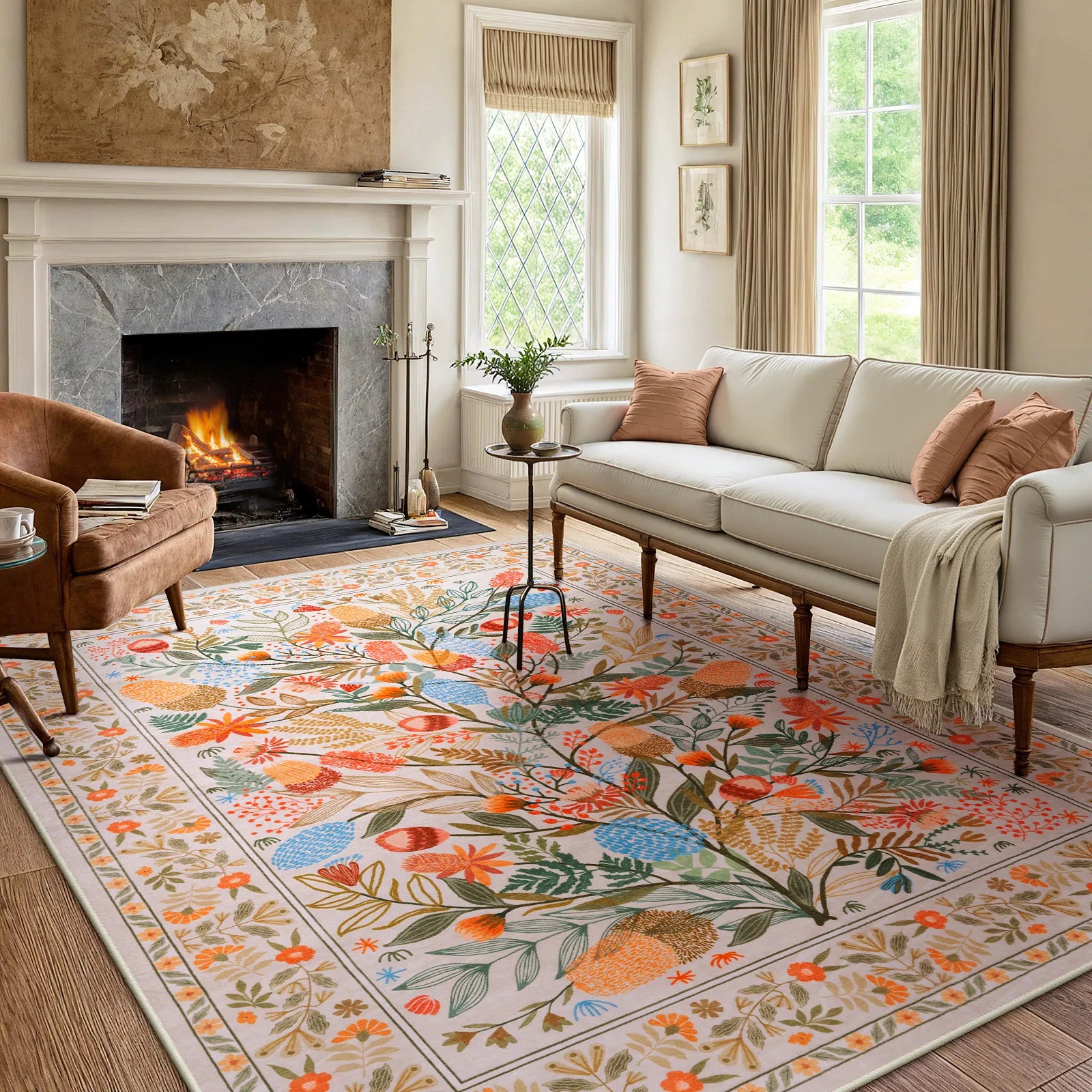 Alma Washable Modern Natural Botanical Floral Colorful Rug Area Rugs Lahome