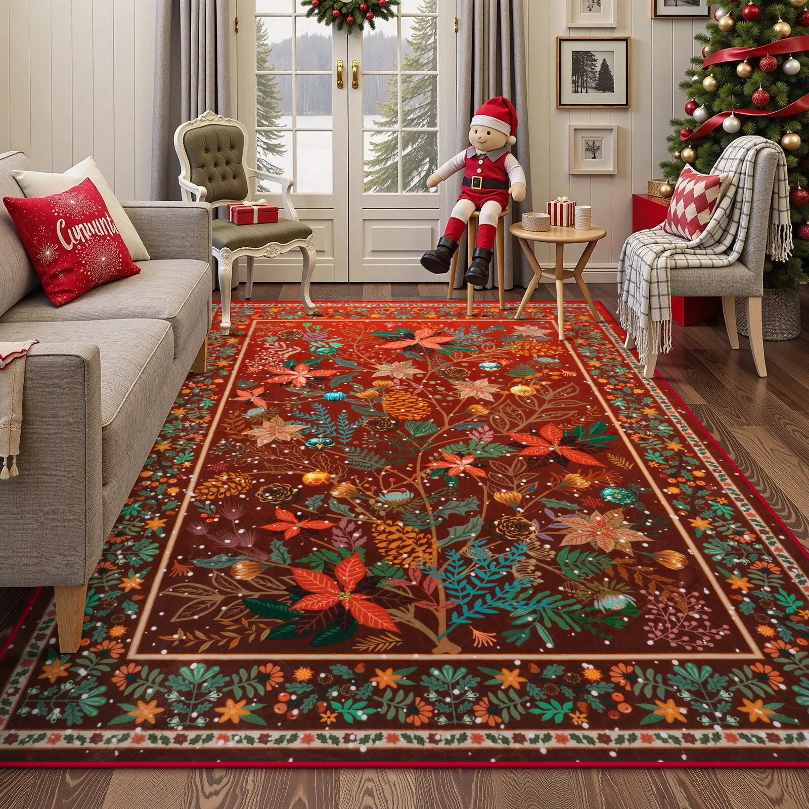 Alma Christmas Washable Modern Natural Botanical Floral Red Rug Area Rugs Lahome 8' x 10'