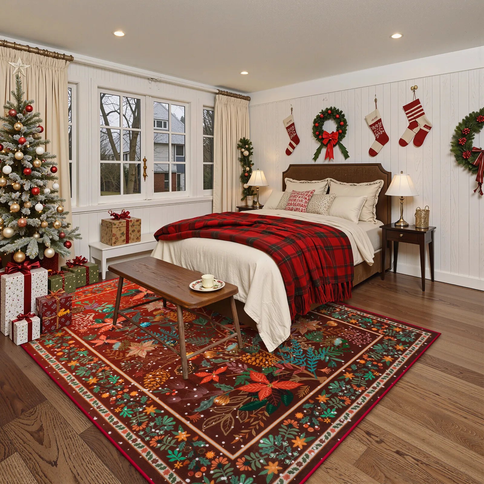 Alma Christmas Washable Modern Natural Botanical Floral Red Rug Area Rugs Lahome